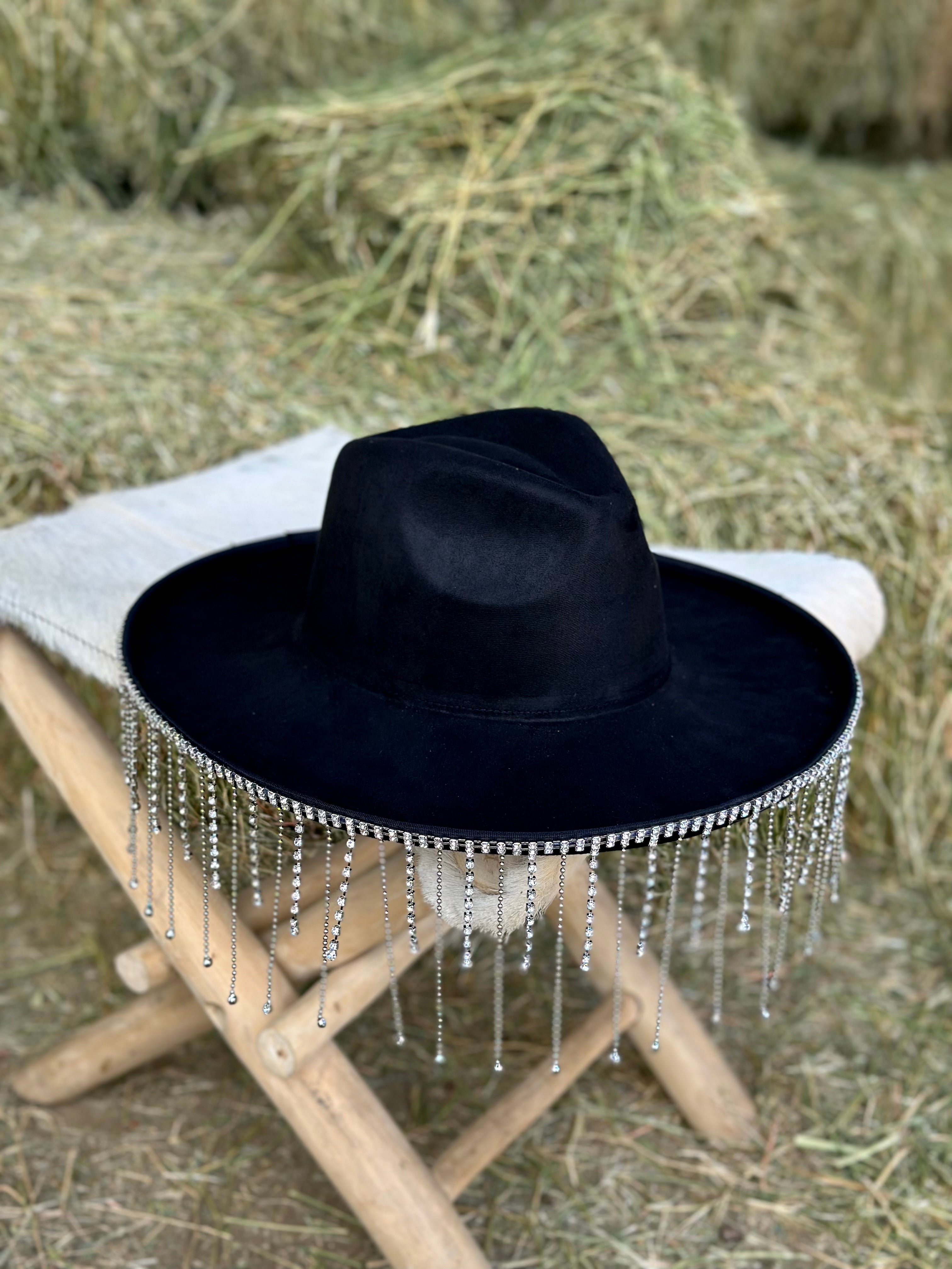 Giddy Up Glam Rhinestone Fringe Hat (Black) - Dangle