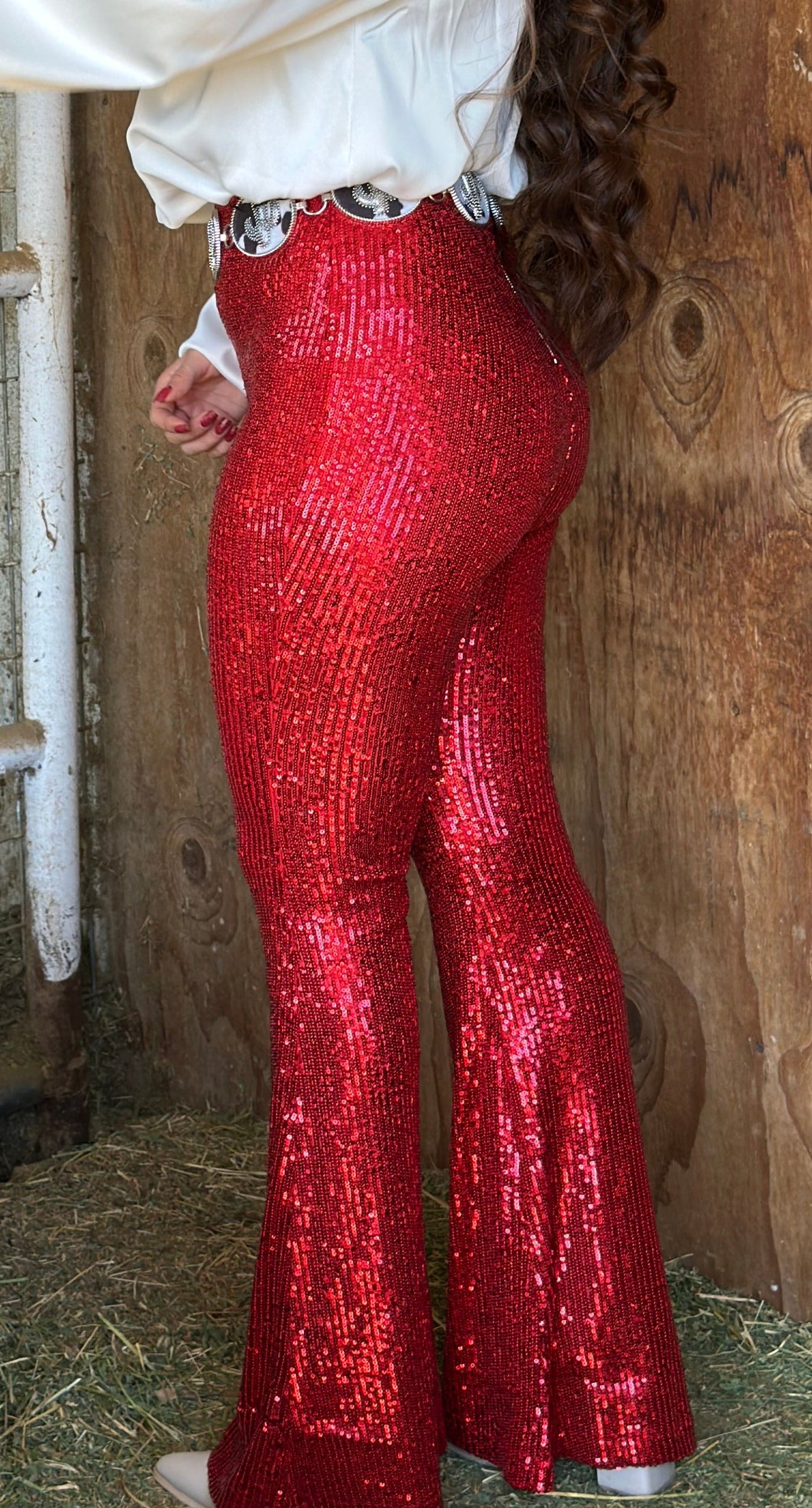 Posada Sequin Flare Pants (Red)
