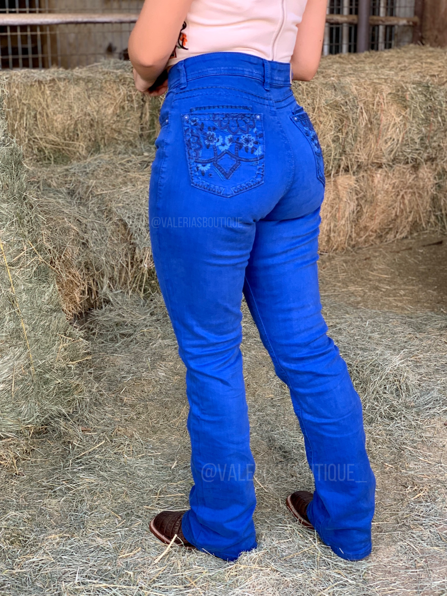 Royal Blue Floral Pocket Mid Rise Embroidered Bootcut Jeans