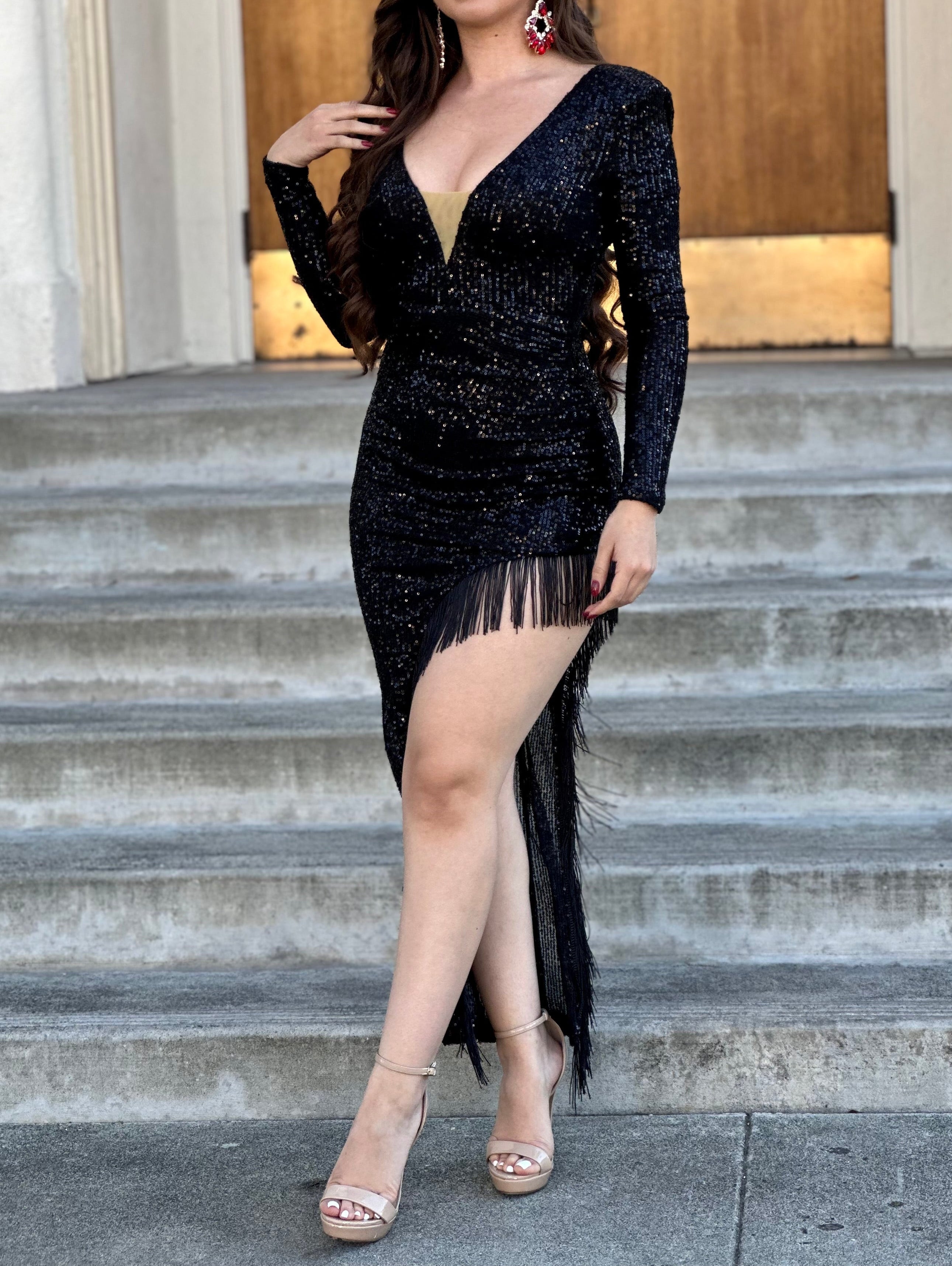 "Let's Celebrate" Sequin Fringe Dress (Black)