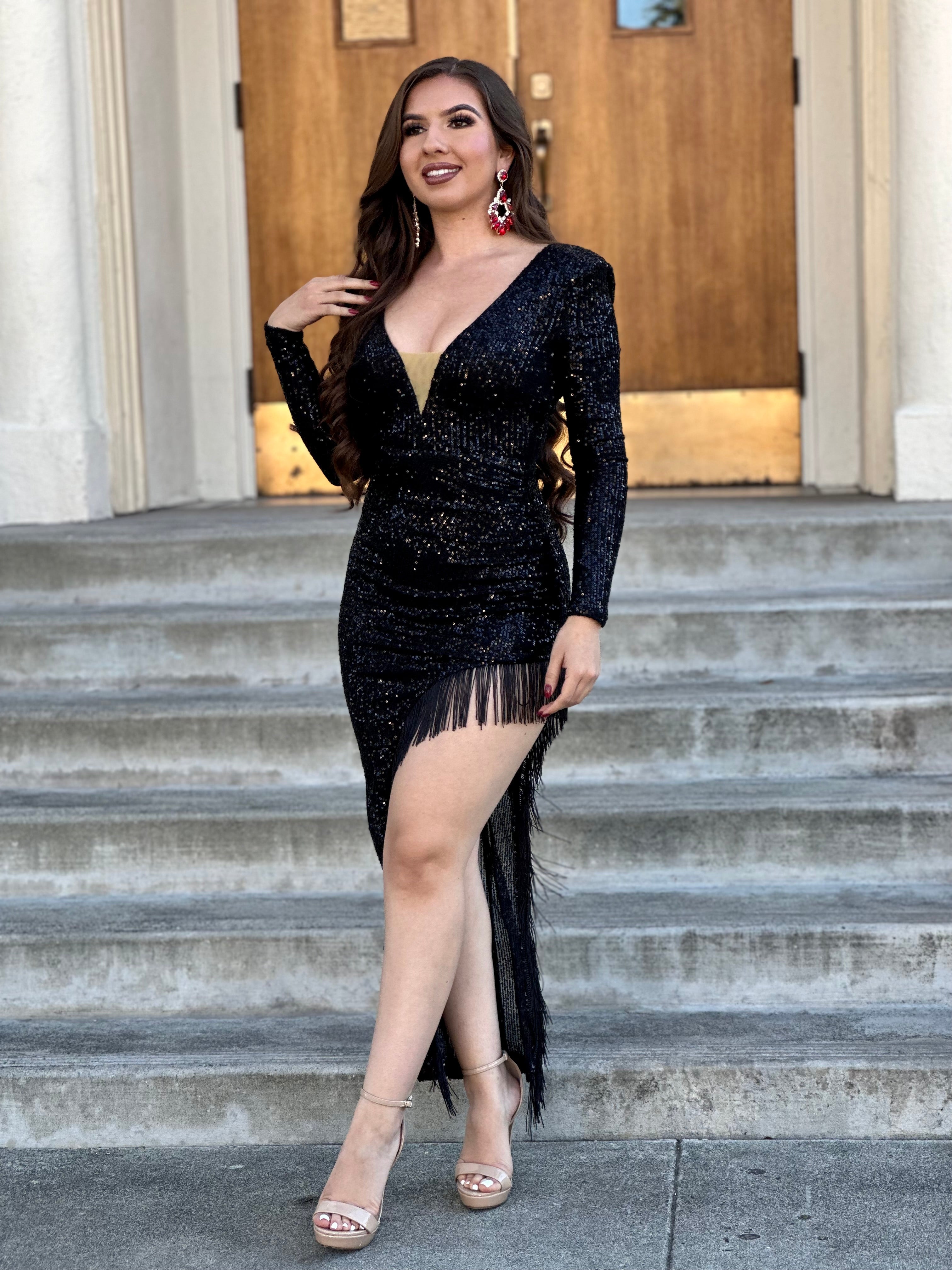 "Let's Celebrate" Sequin Fringe Dress (Black)