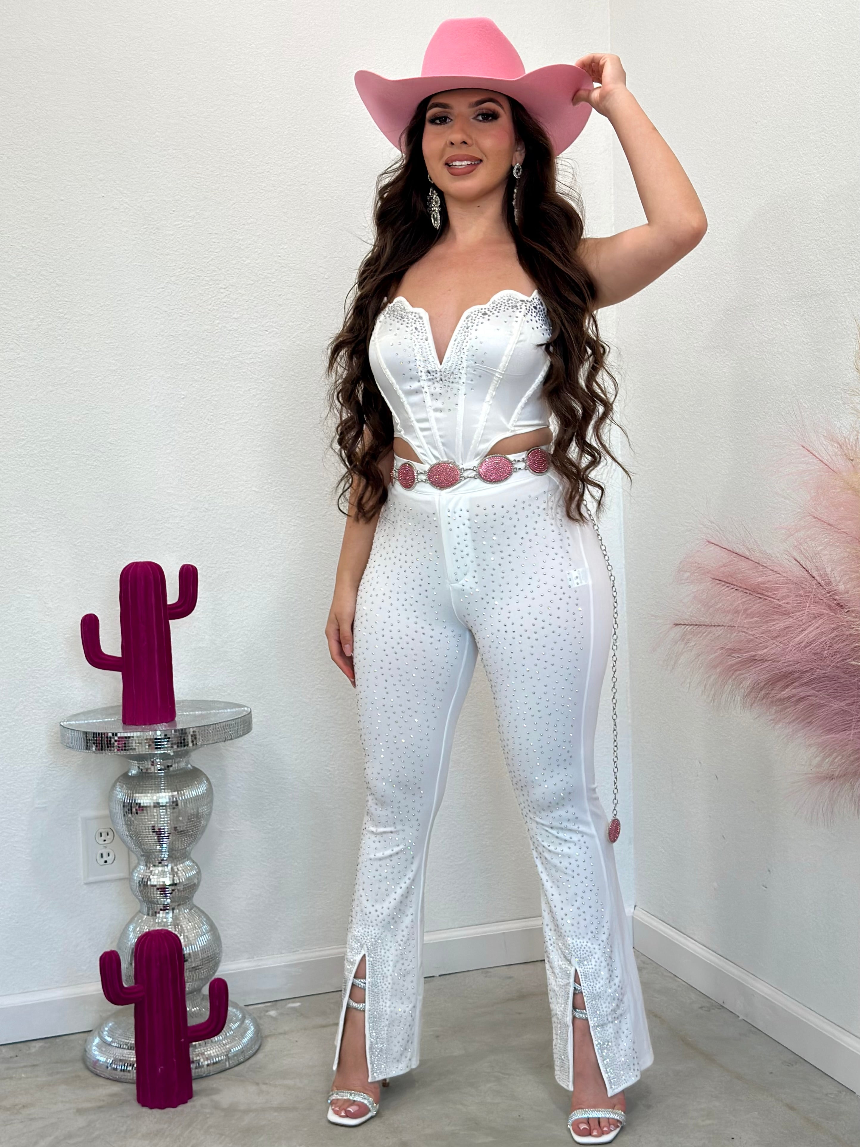Melodia Embellished Slit Flare Pants (White)