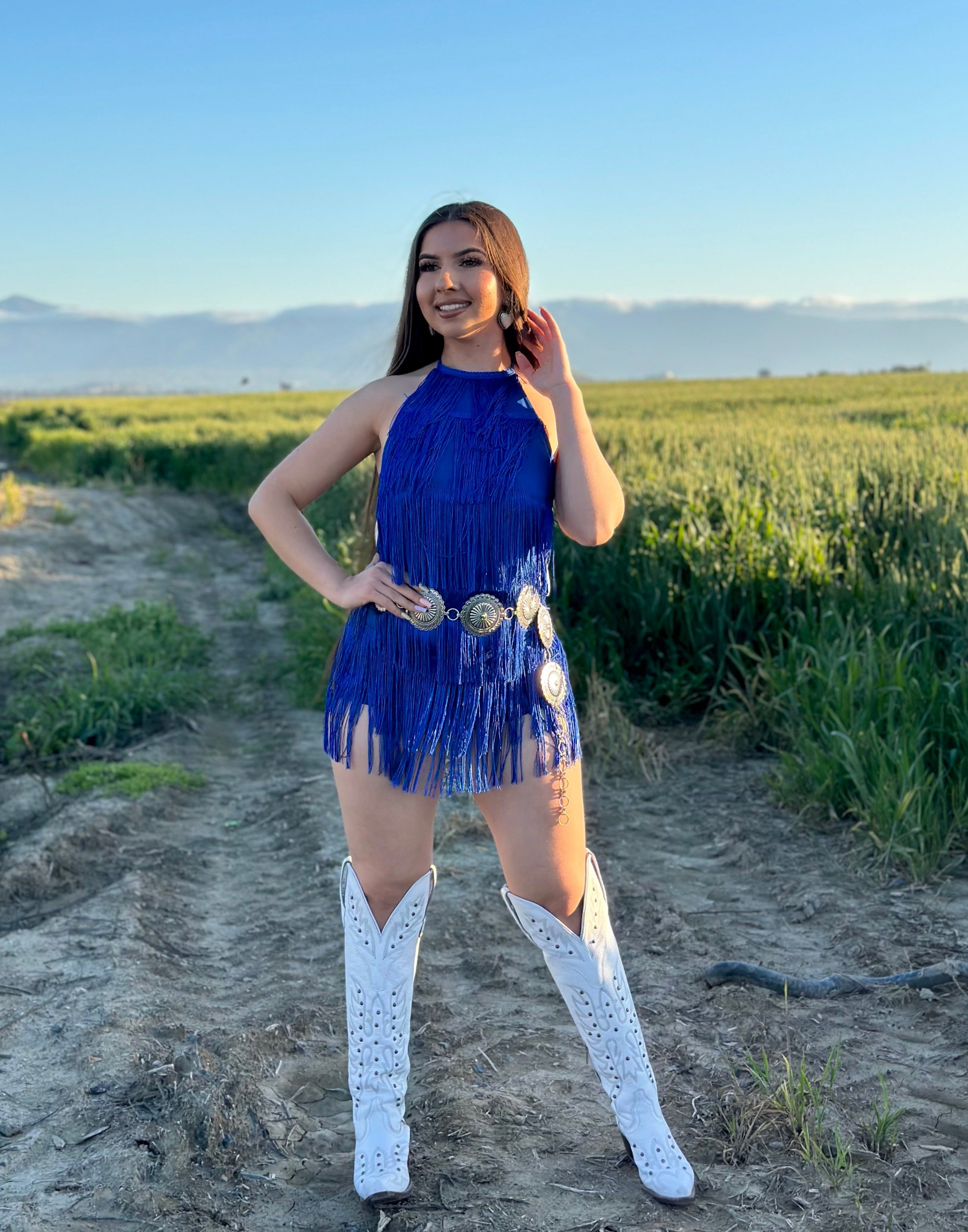Bailar De Caballito Fringe Halter Romper (Royal Blue)