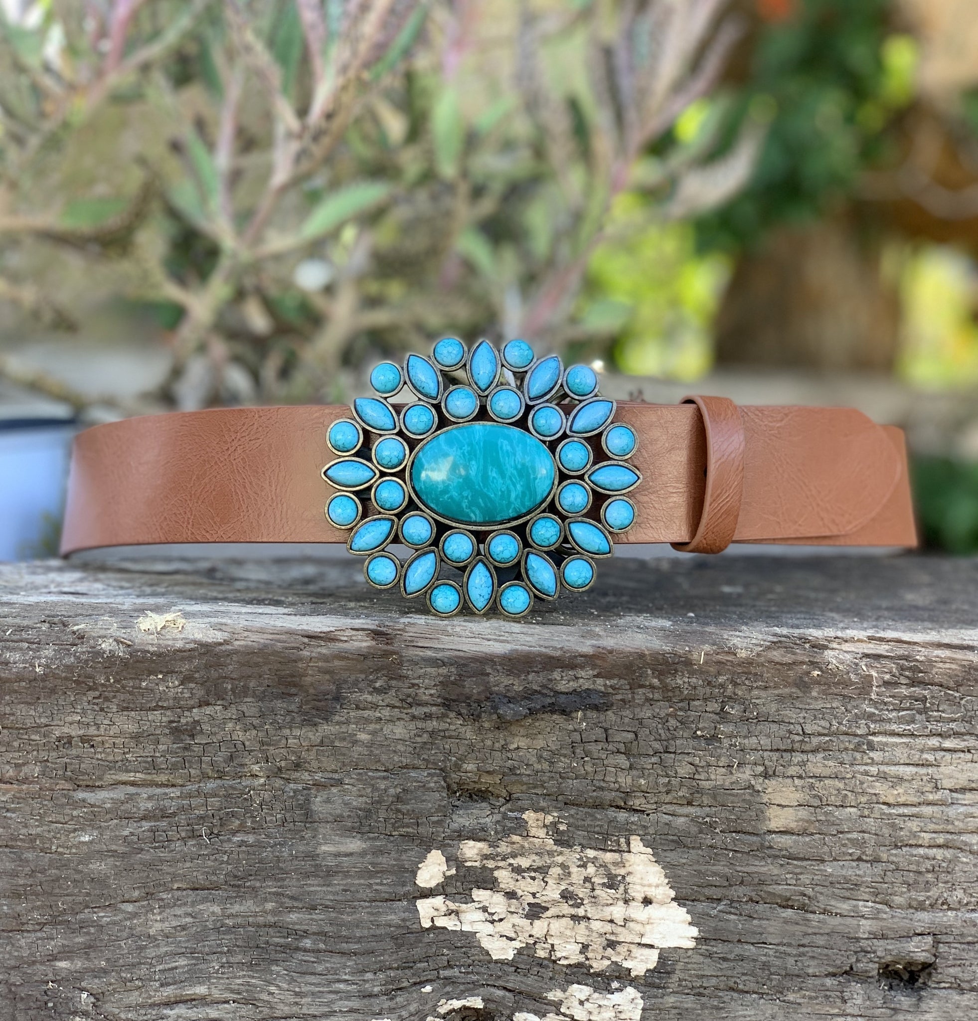 Large Turquoise Flower Buckle Belt (Brown)