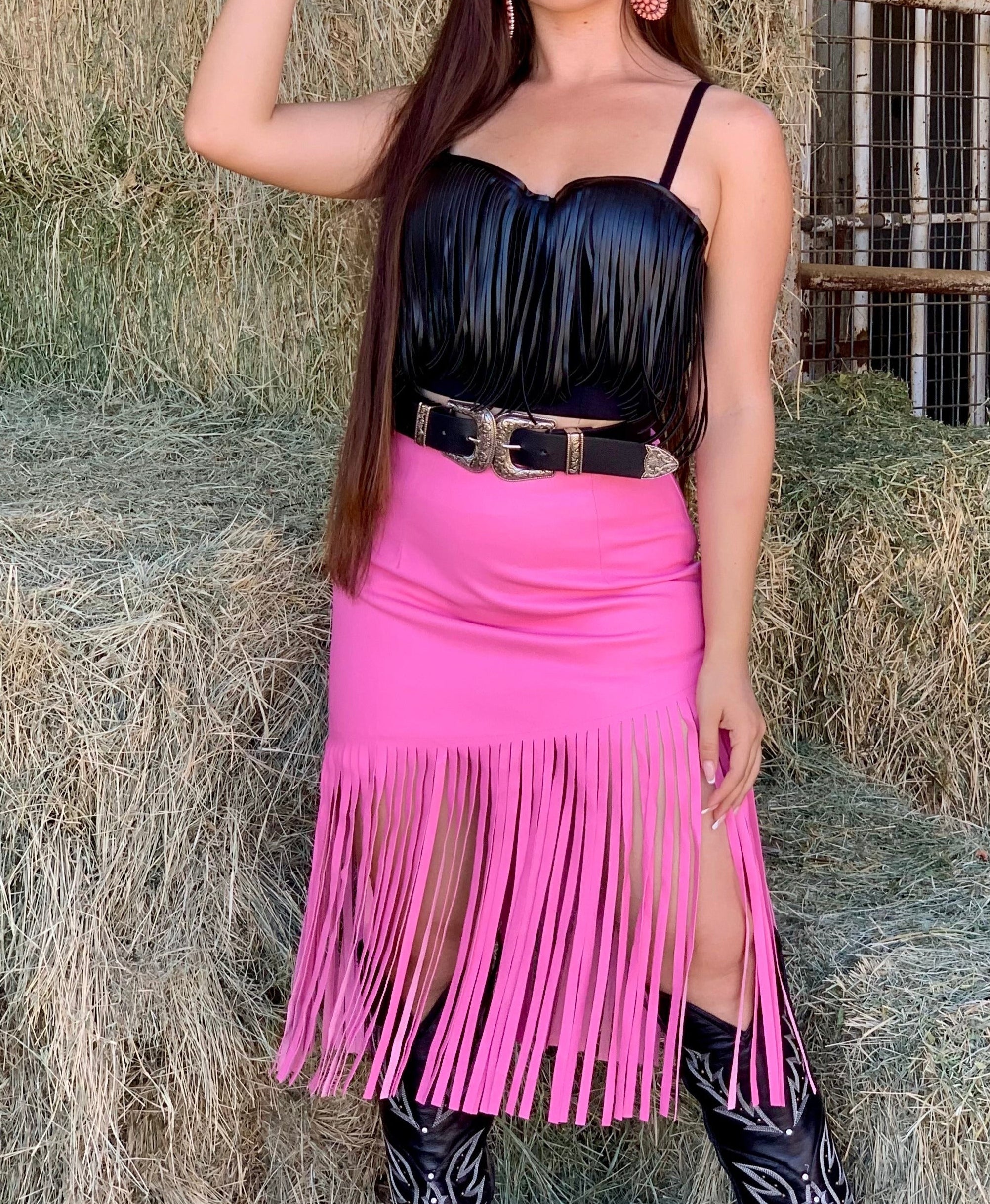 Joana Leather Fringe Midi Skirt (Pink)