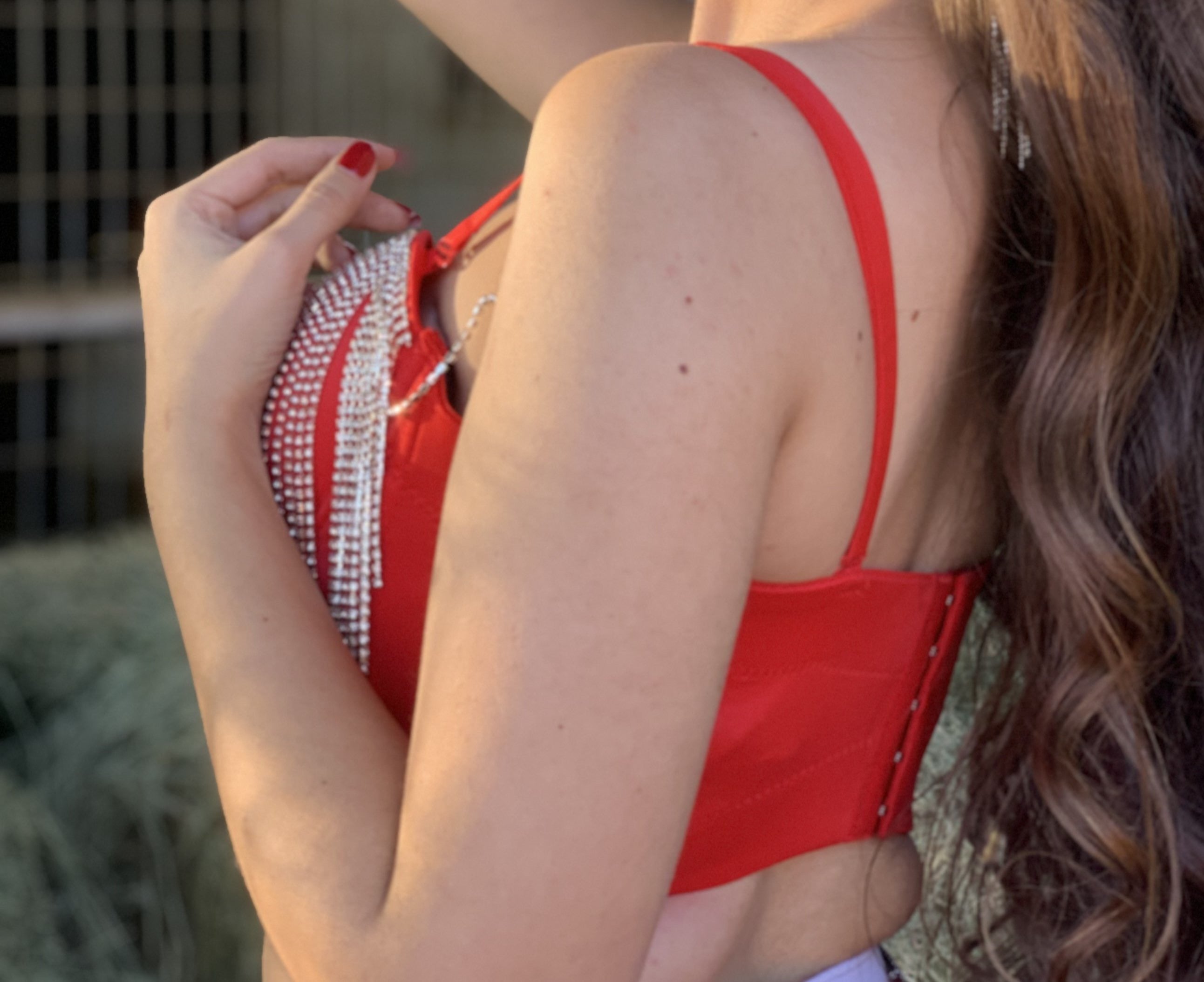 Kendra Rhinestone Fringe Bustier Top (Red)