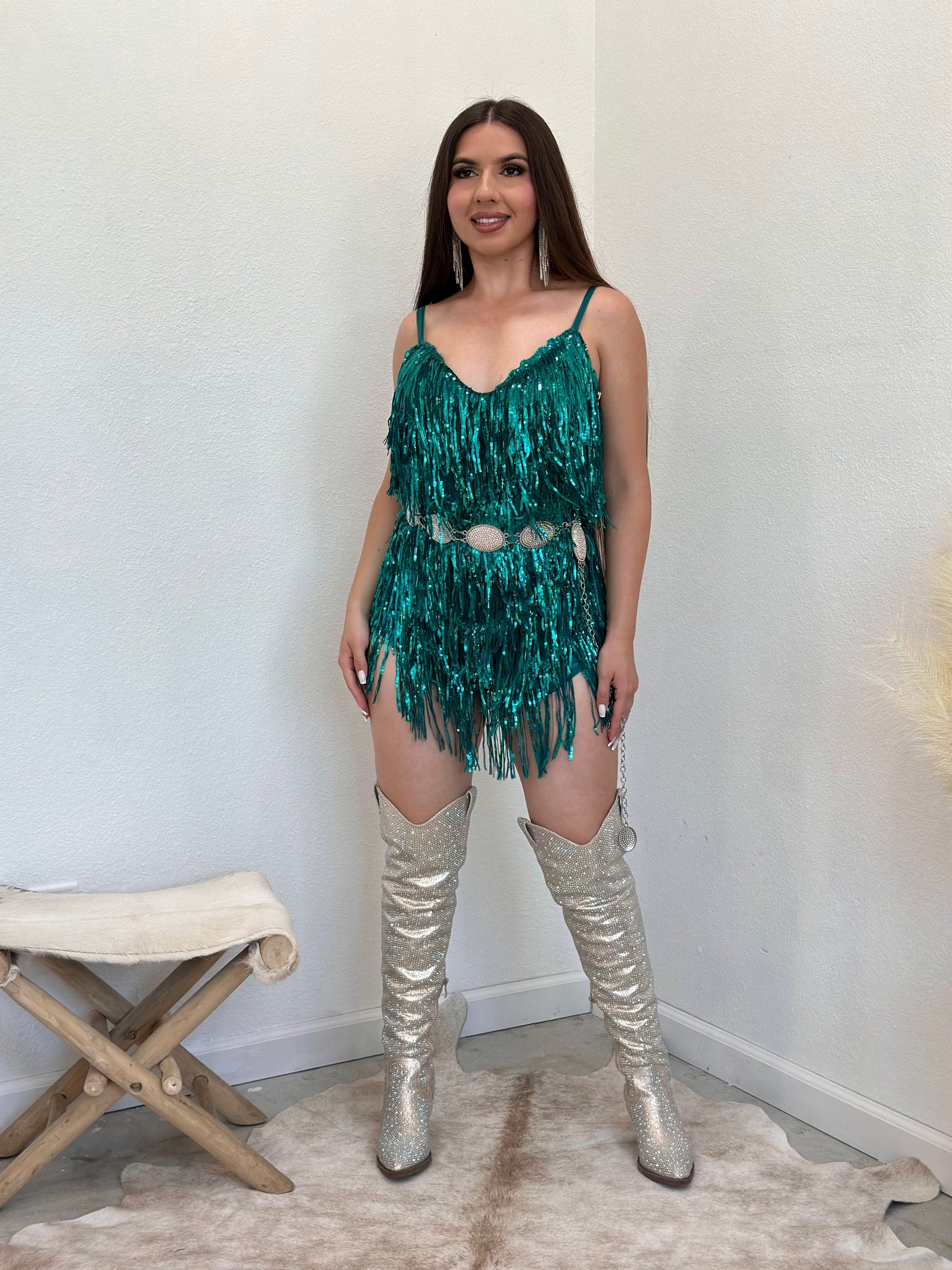 Taylor Sequin Fringe Mini Dress (Emerald)