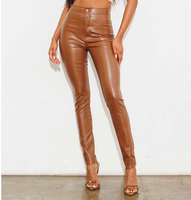 Kourtney Cognac Leather Skinny Pants