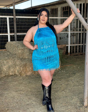 Bailar De Caballito Fringe Halter Dress (Aqua) - Curve