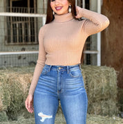 Michelle Ribbed Turtleneck Top (Nude)