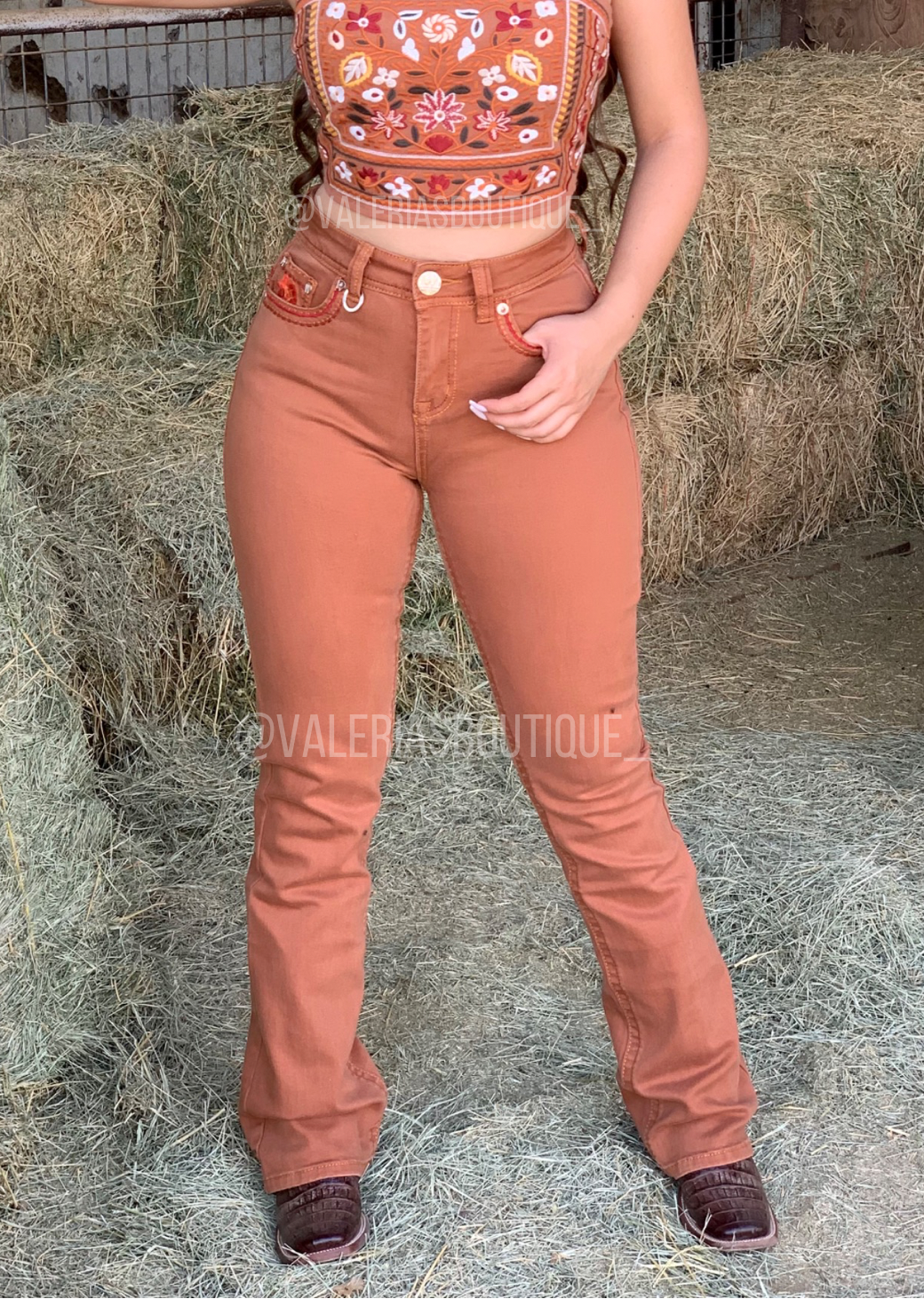 Rust Boho Bull Mid Rise Embroidered Bootcut Jeans
