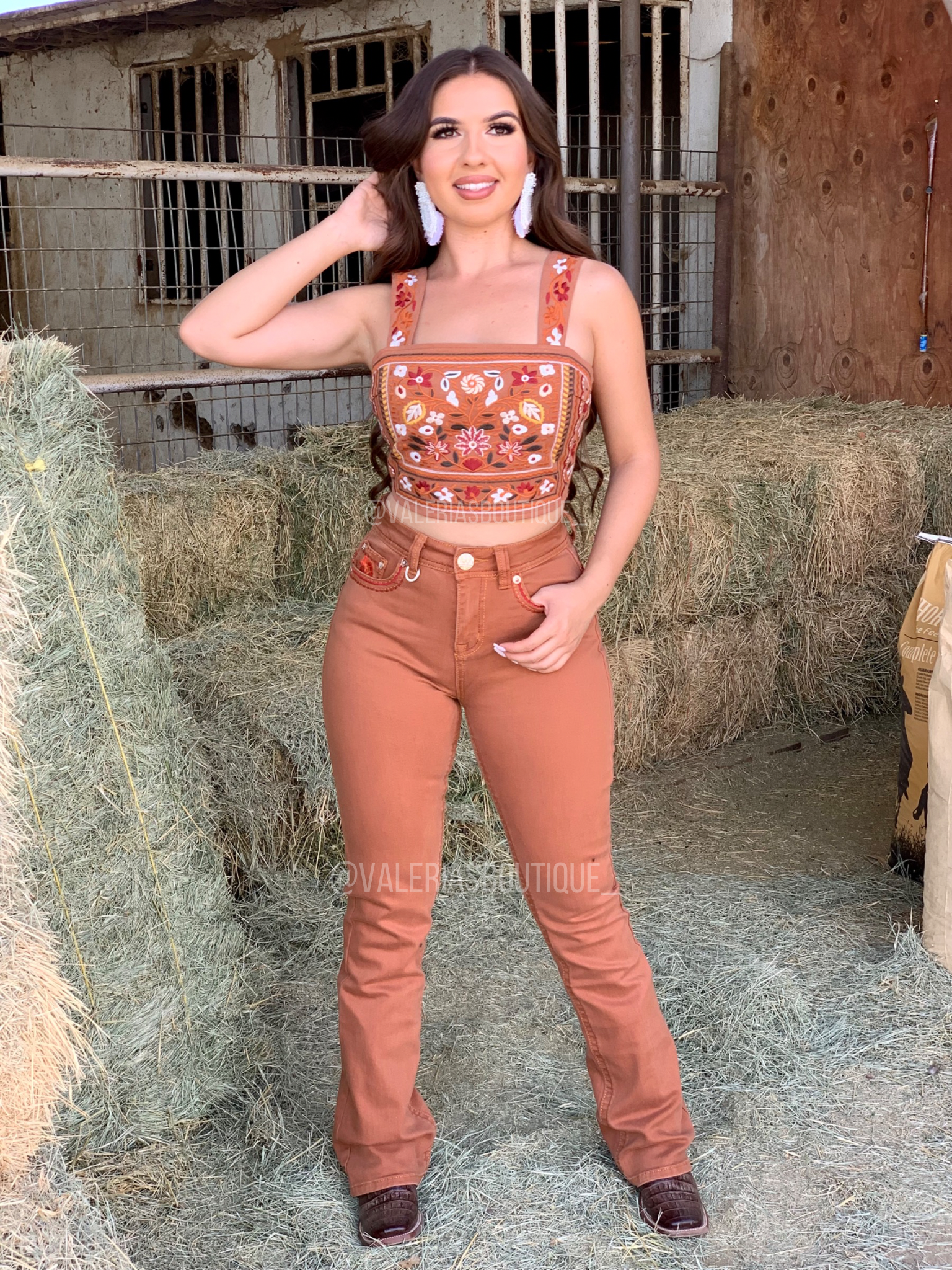 Rust Boho Bull Mid Rise Embroidered Bootcut Jeans