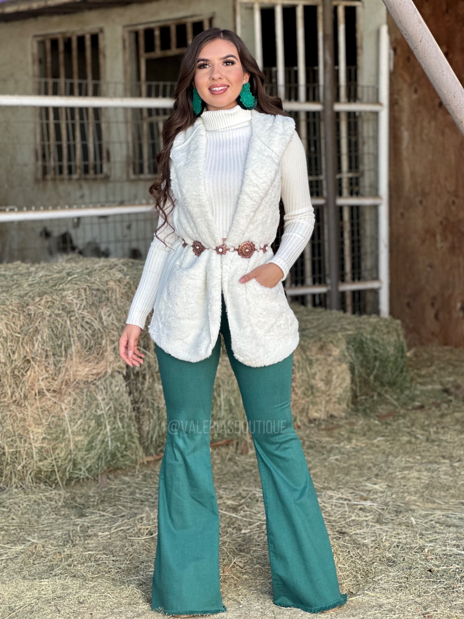 (Hunter Green) High Rise Flare Jeans - Long Length 34" Inseam