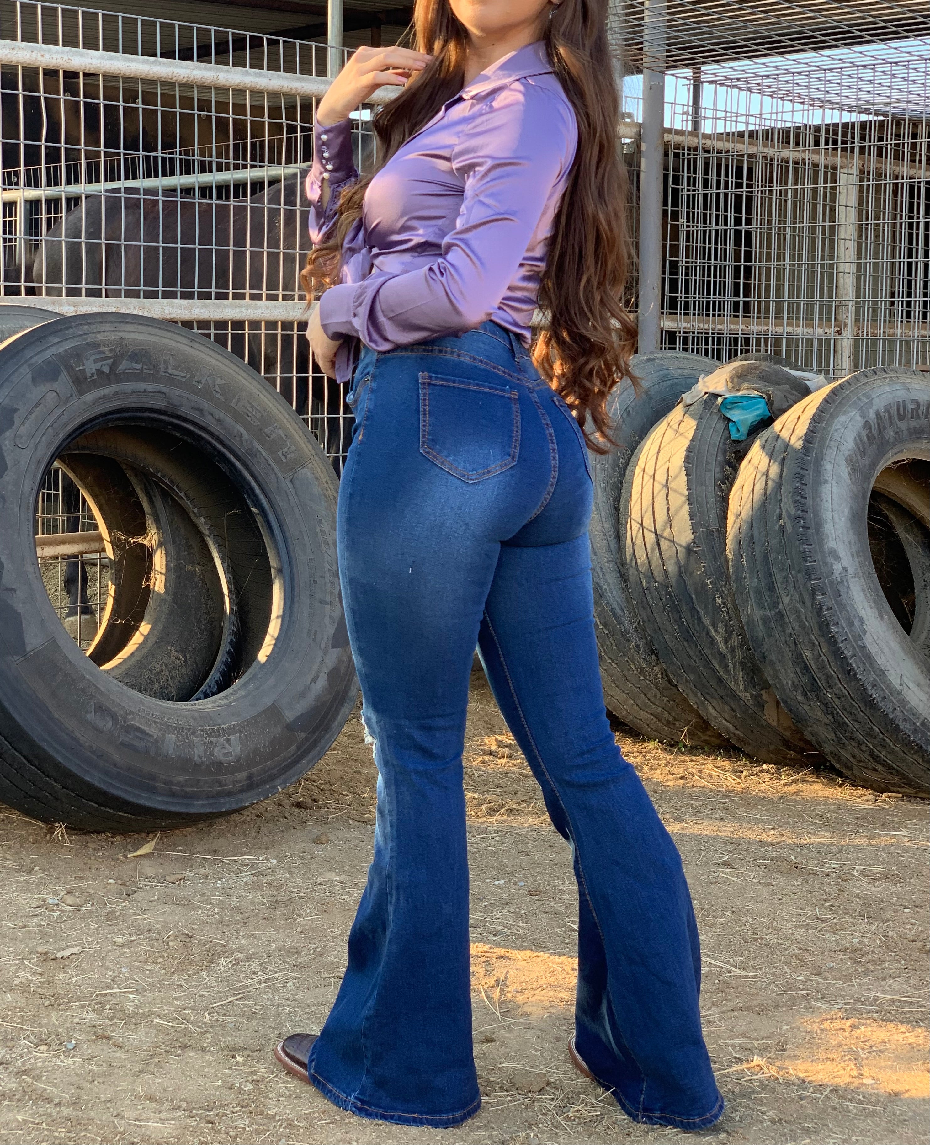 Rhea Button High Rise Flare Jeans (Dark)