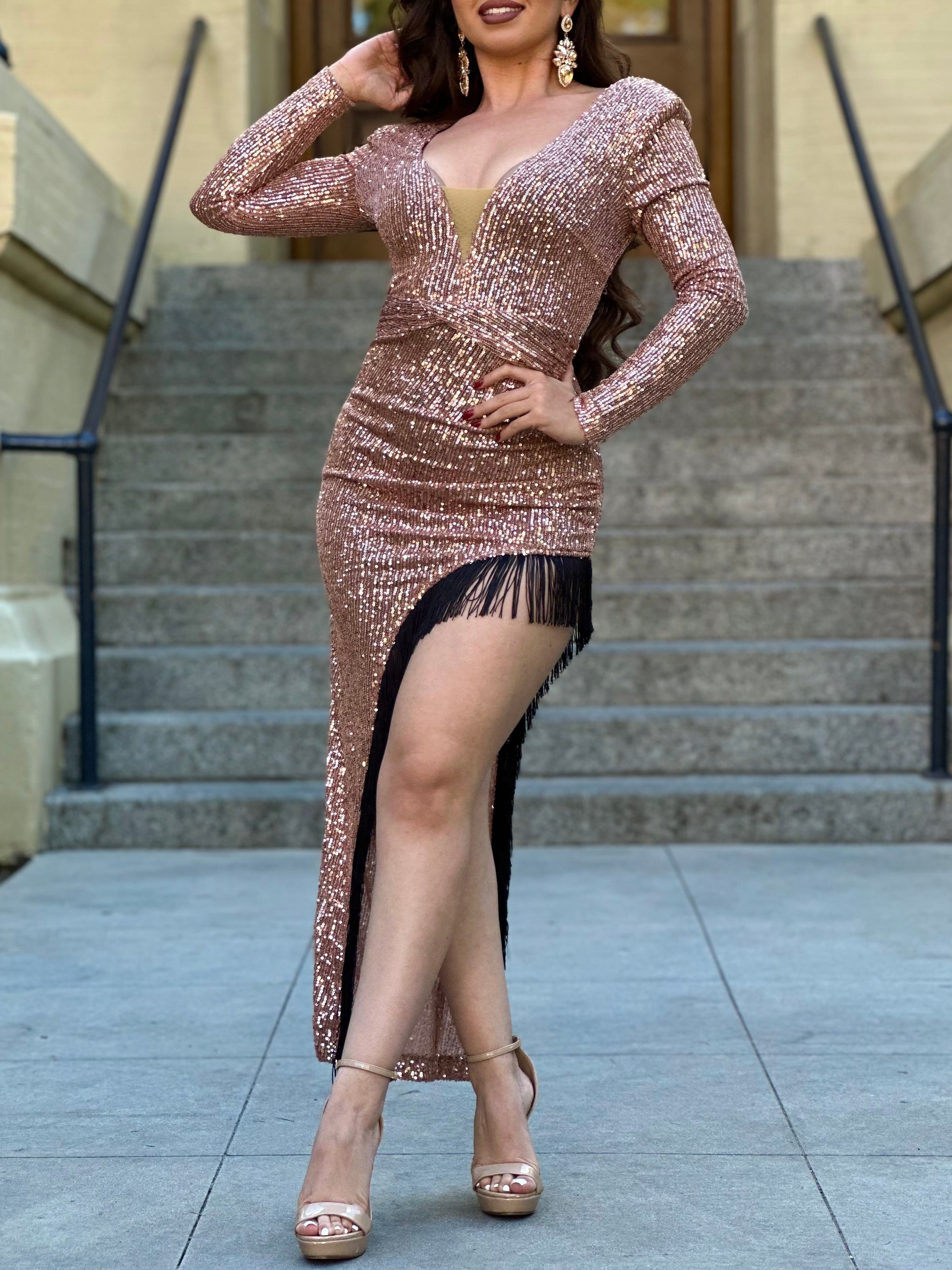 "Let's Celebrate" Sequin Fringe Dress (Rose Gold)