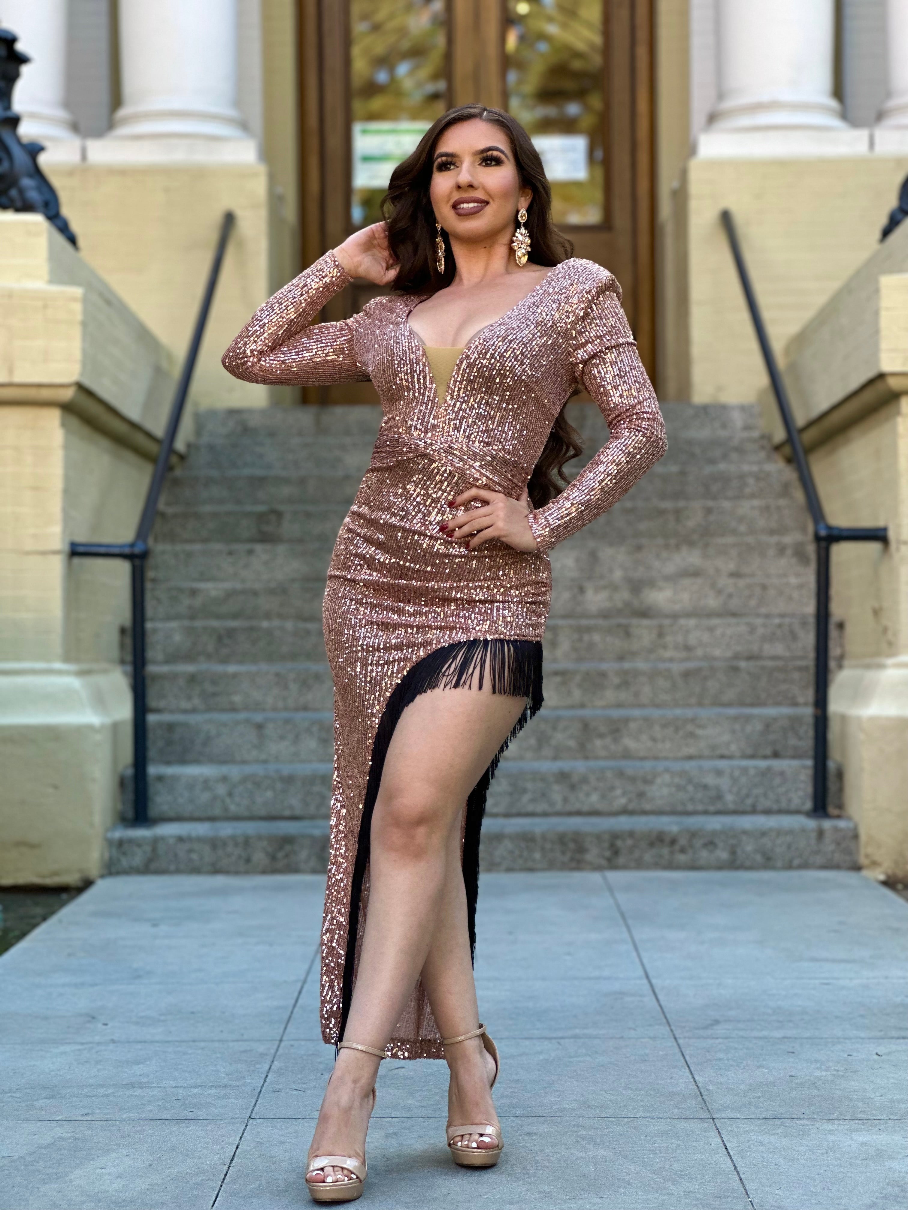 "Let's Celebrate" Sequin Fringe Dress (Rose Gold)