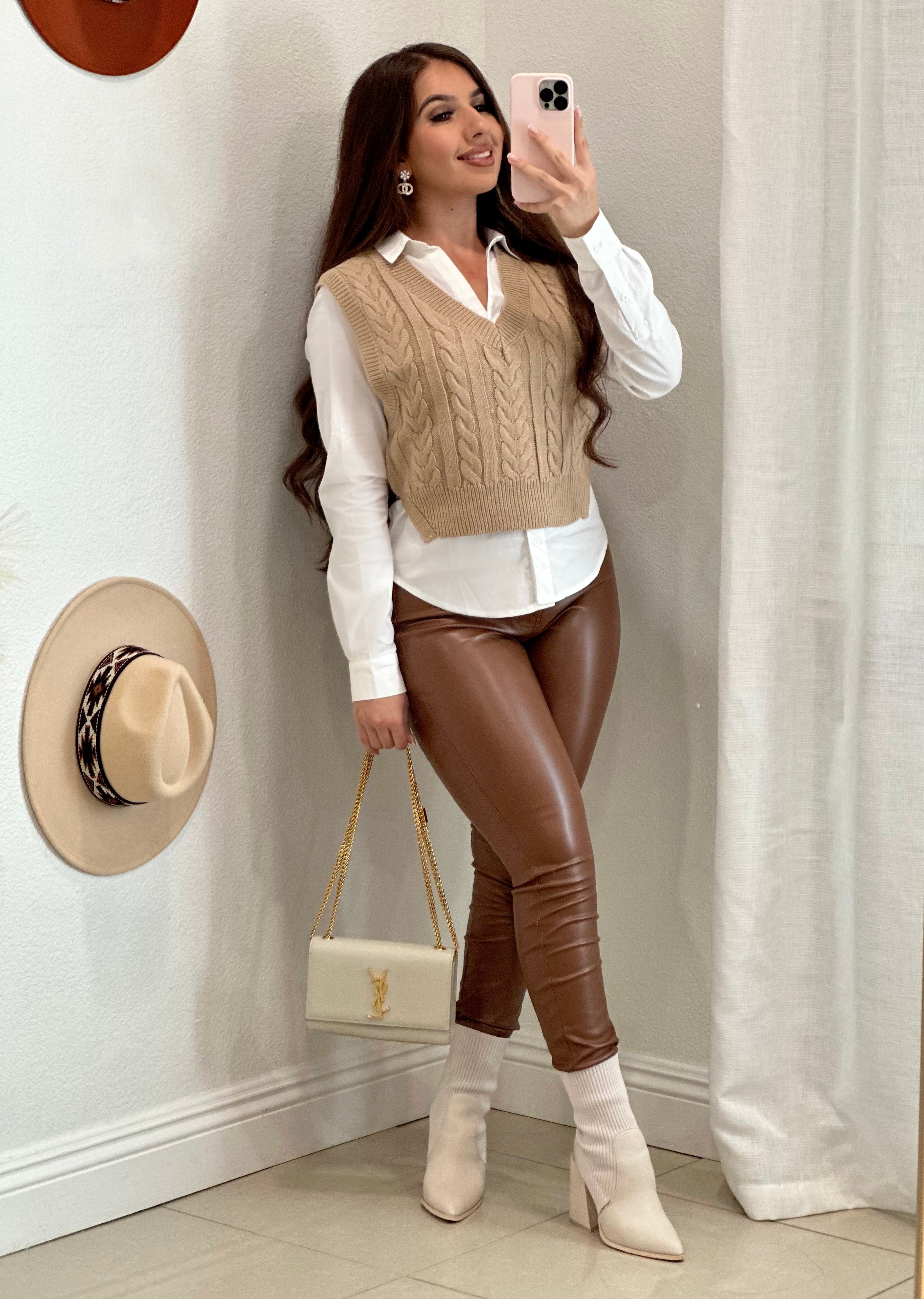 Kourtney Cognac Leather Skinny Pants