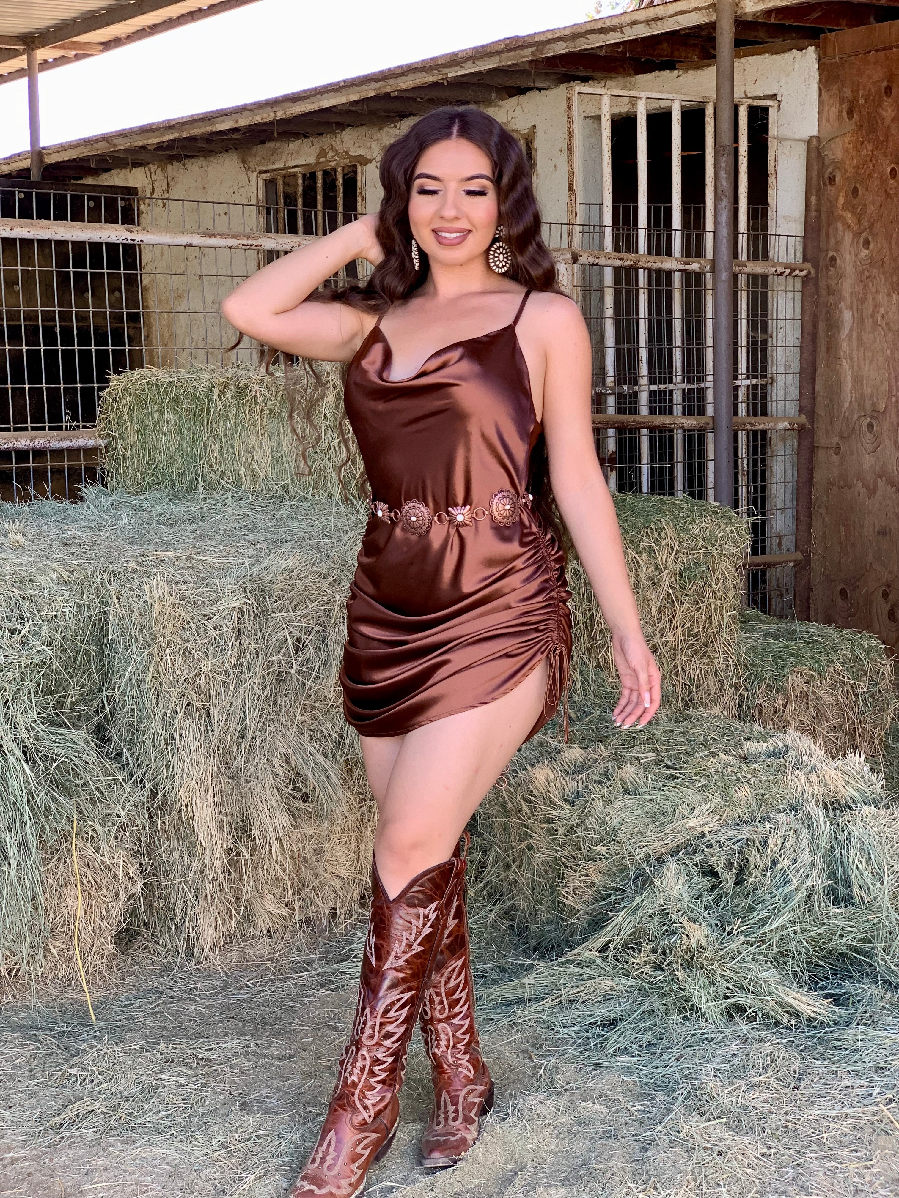 Jennifer Satin Ruched Dress (Bronze)