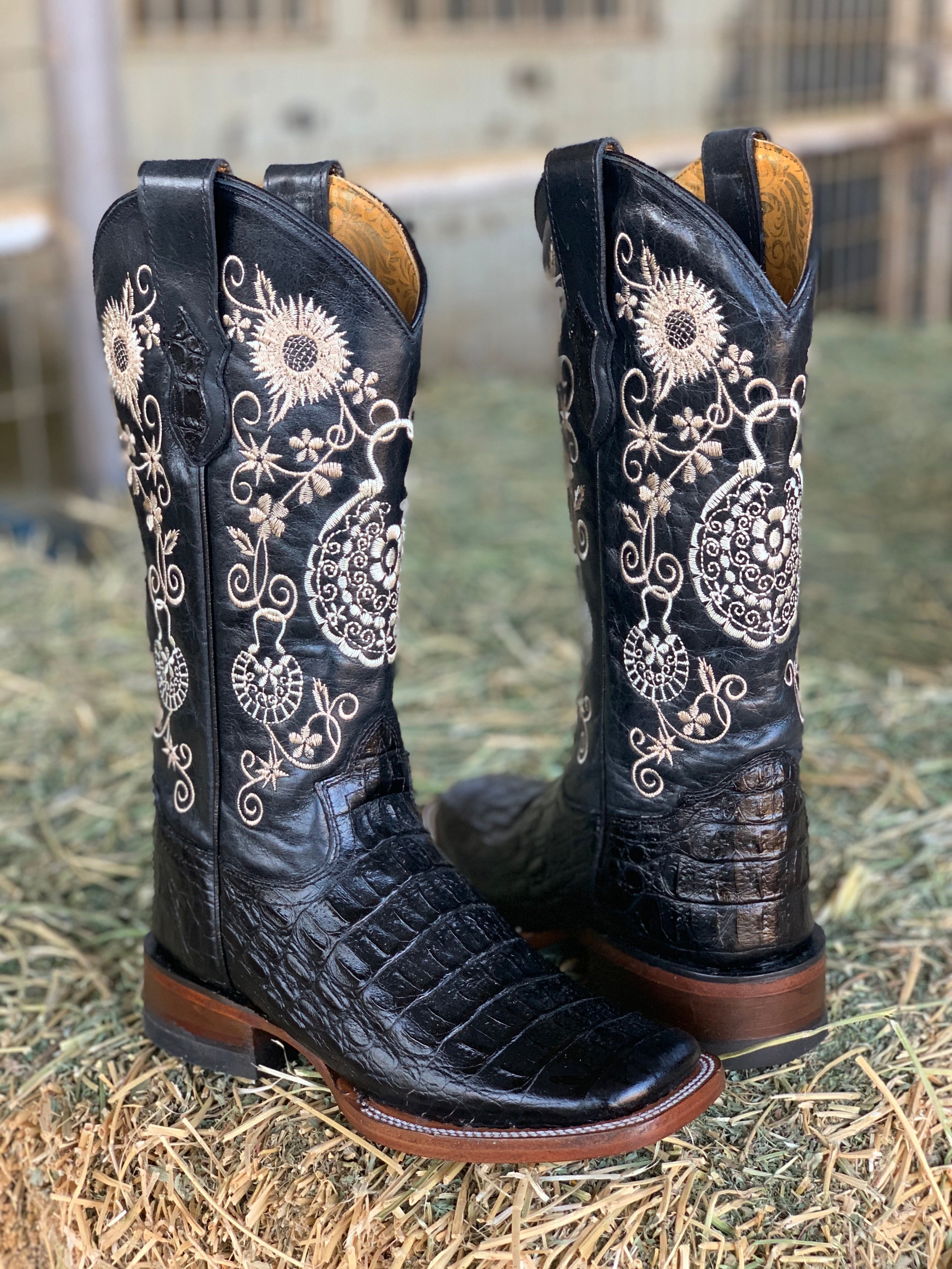 Arracada Jerezana Embroidered Western Boots (Crocodile) - Black