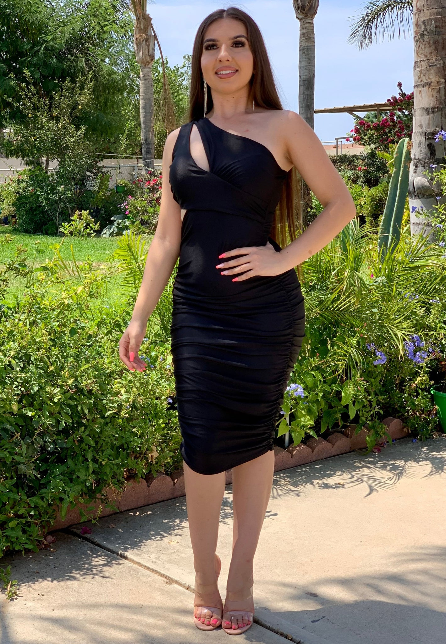 Paola One Shoulder Cutout Midi Dress (Black)