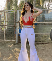 Kendra Rhinestone Fringe Bustier Top (Red)