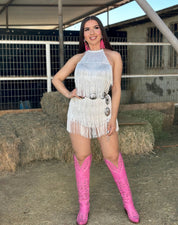 Bailar De Caballito Fringe Halter Romper (White)
