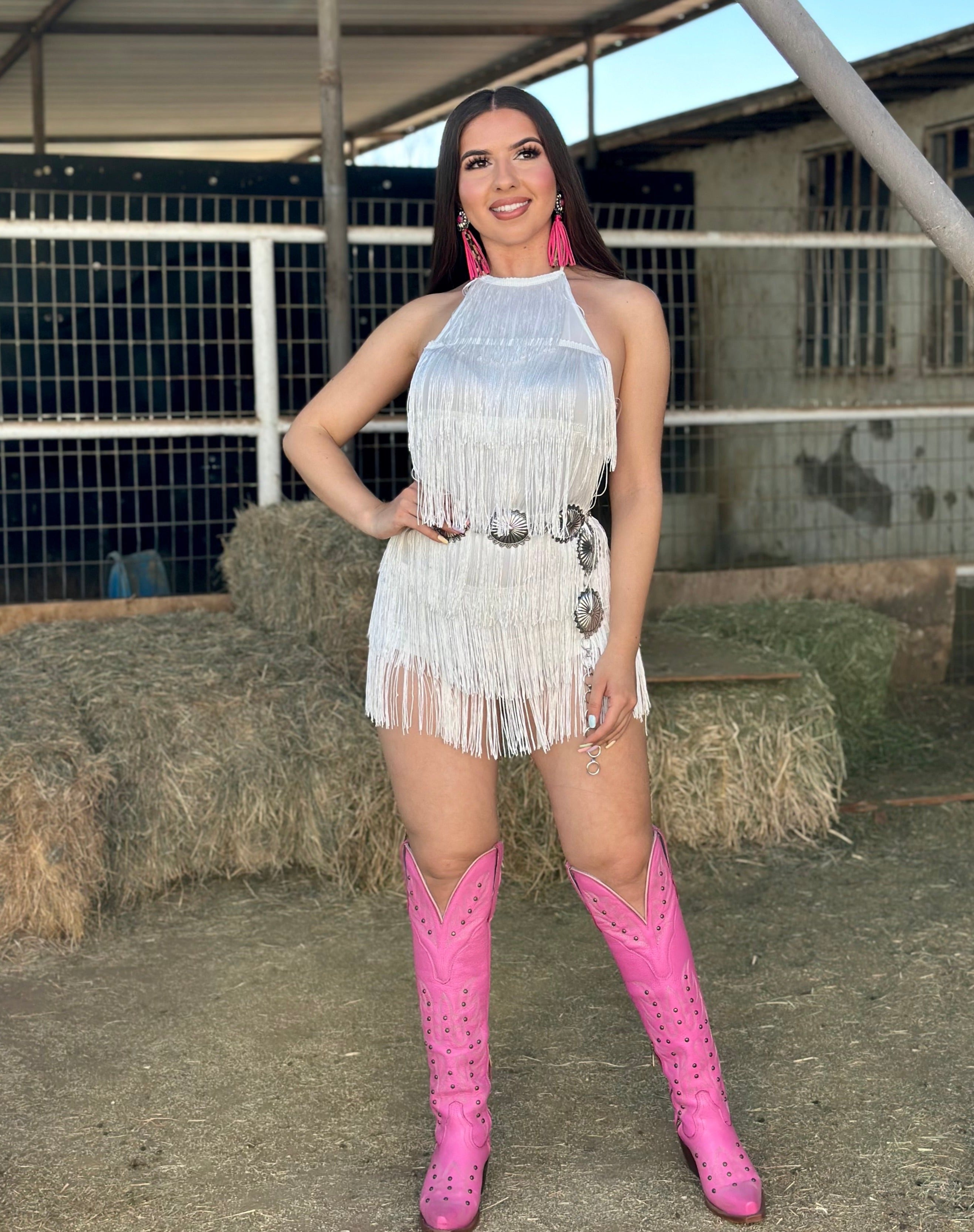 Bailar De Caballito Fringe Halter Romper (White)