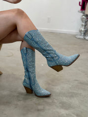 Space Cowboy Embellished Boots (Blue Denim) - Short