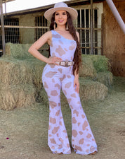 Bessie Cow Print Flare Pants (Taupe)