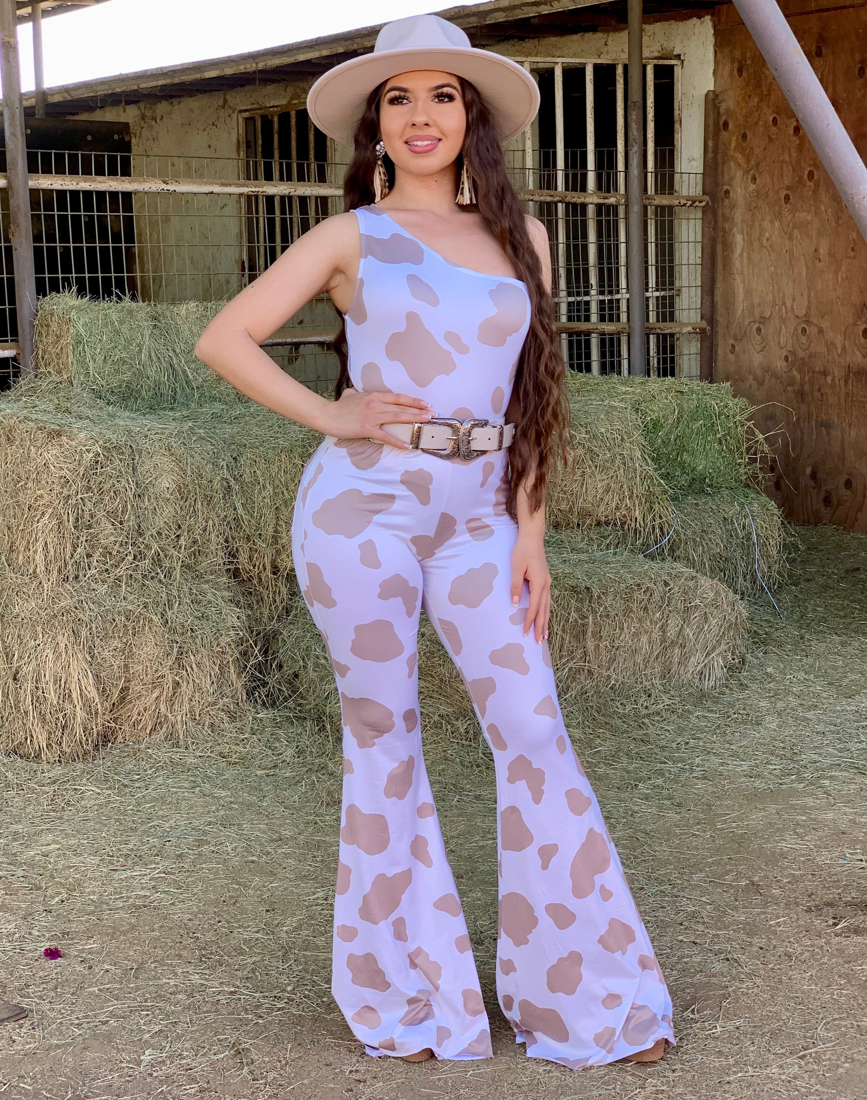 Bessie Cow Print Flare Pants (Taupe)