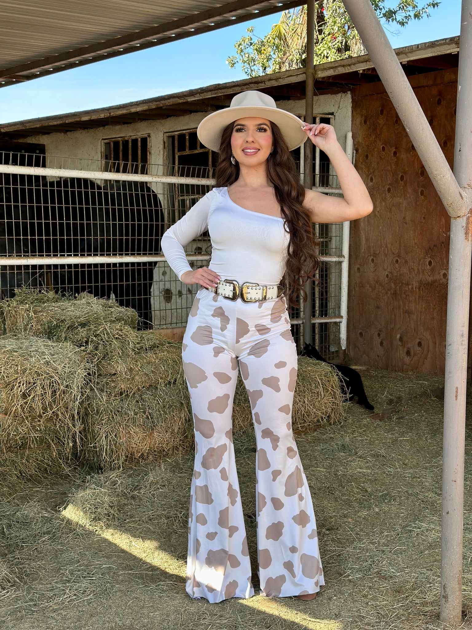 Bessie Cow Print Flare Pants (Taupe)