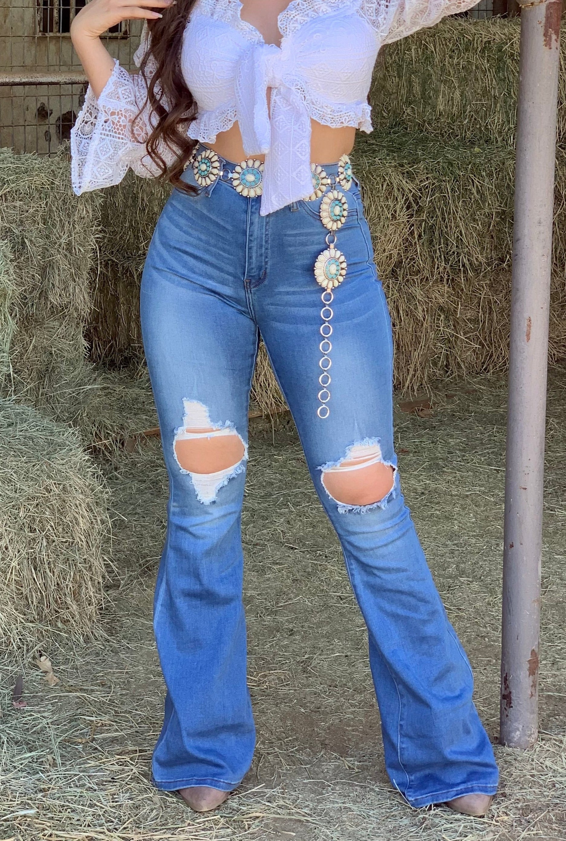 Rosabella Distressed High Rise Flare Jeans (Light)