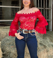 Marissa Lace Bell Sleeve Top (Red)