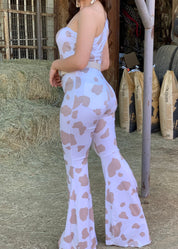 Bessie Cow Print Flare Pants (Taupe)