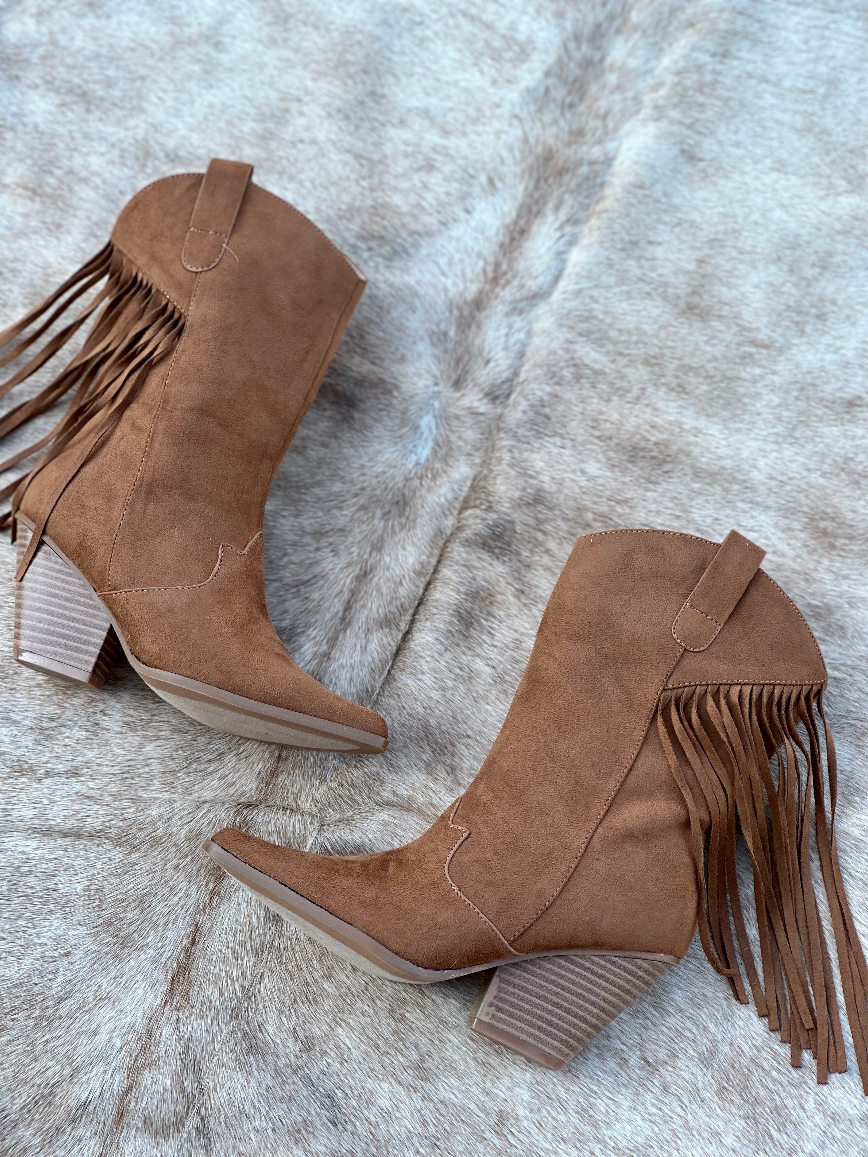 Suede Fringe Booties (Camel)