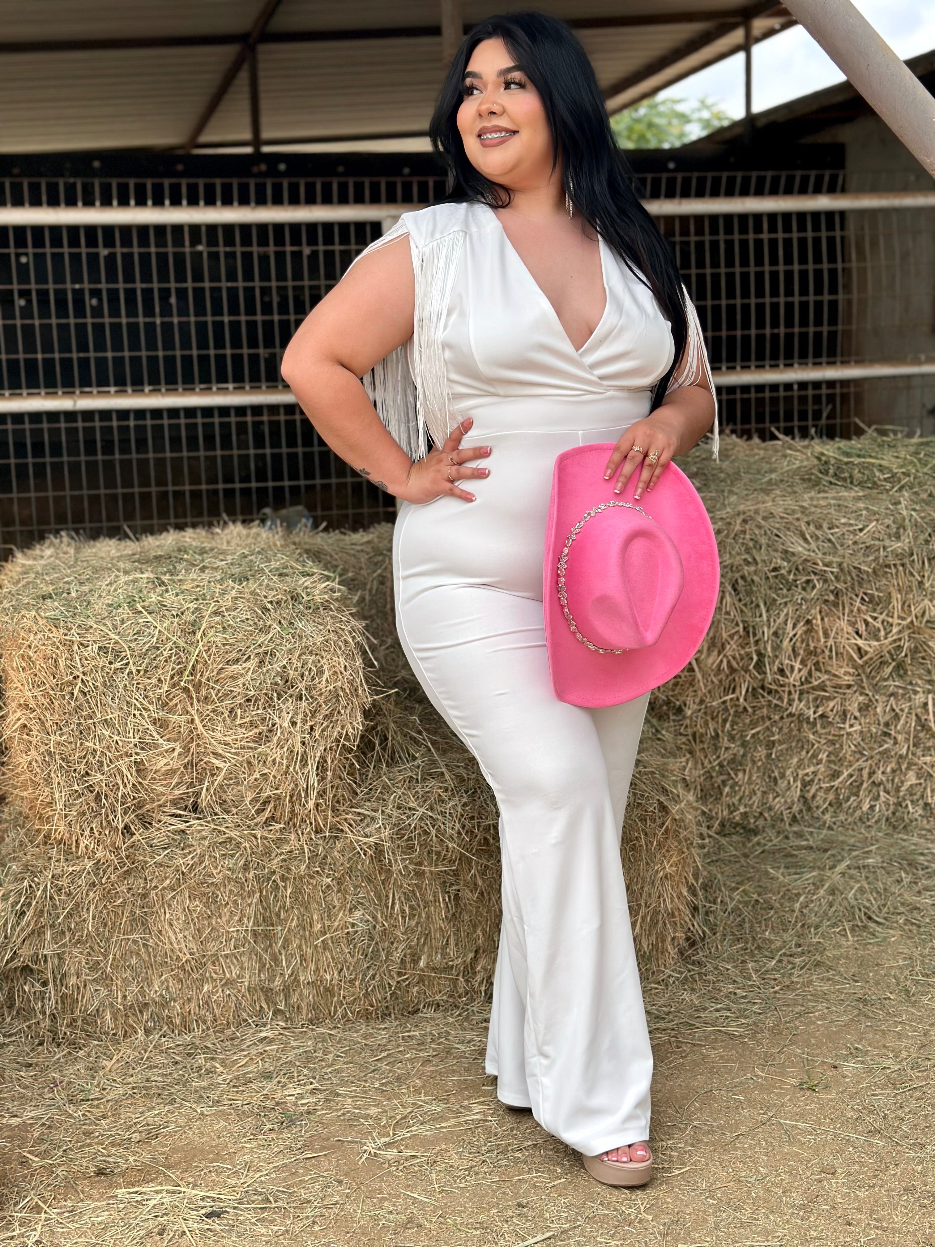 Paulette Fringe Sleeve Jumpsuit (White)