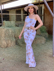 Bessie Cow Print One Shoulder Bodysuit (Taupe)
