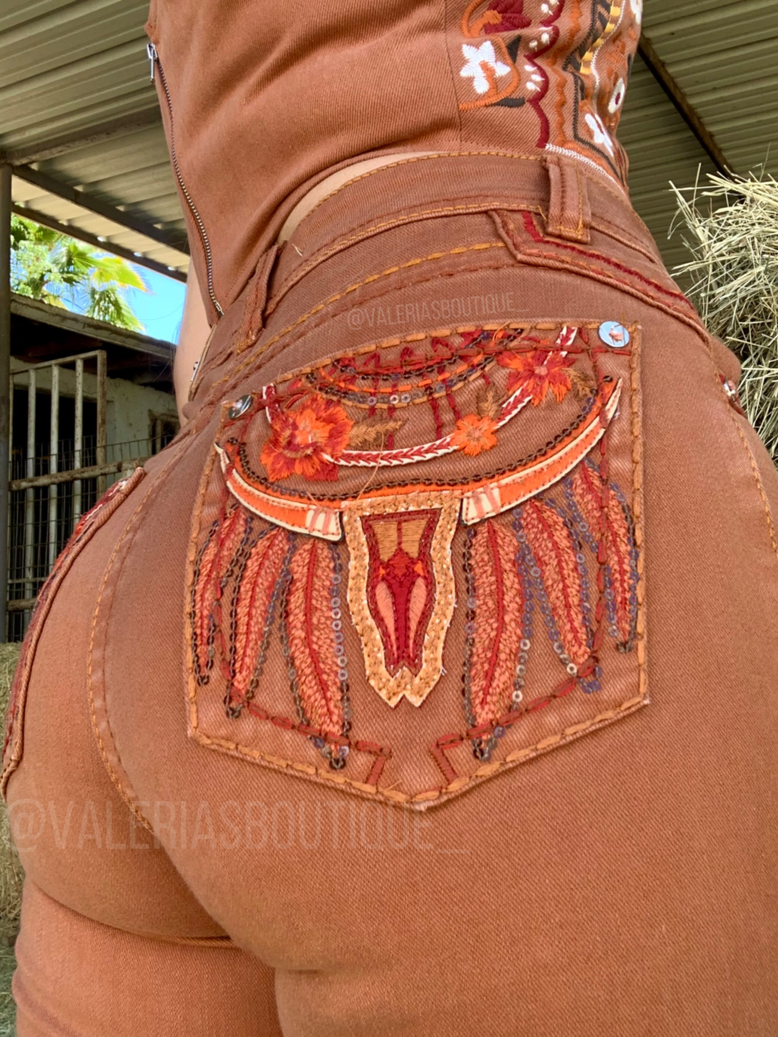 Rust Boho Bull Mid Rise Embroidered Bootcut Jeans