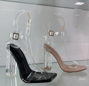Black Clear Chunky Square Toe Heels