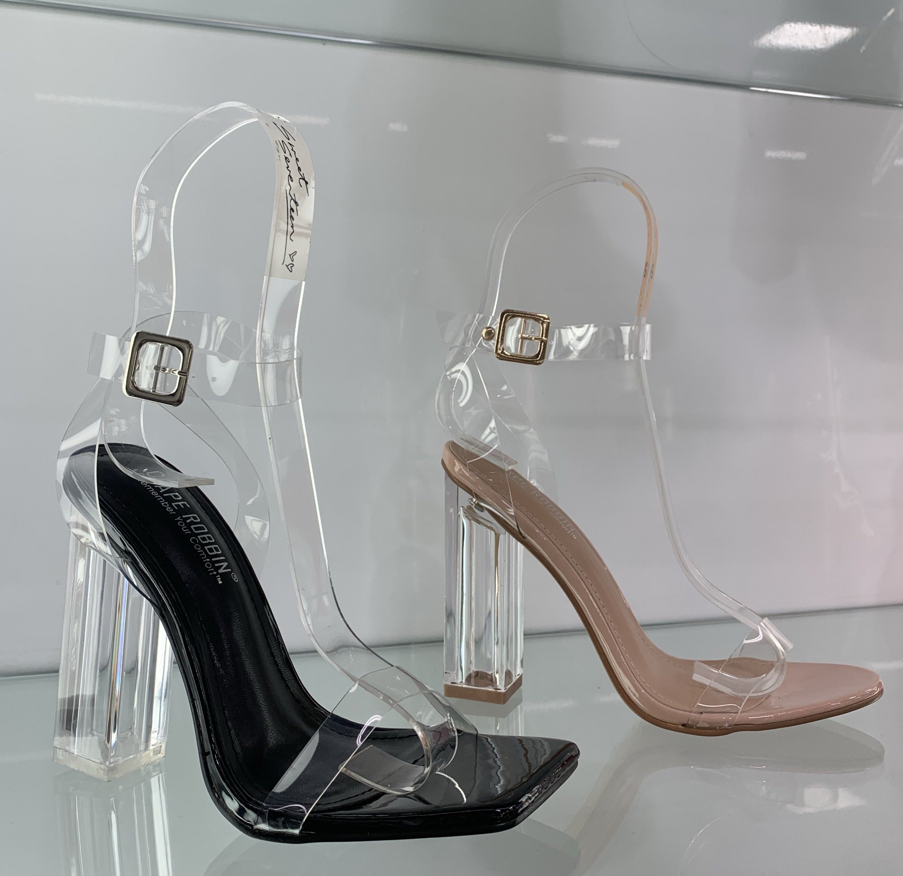 Black Clear Chunky Square Toe Heels