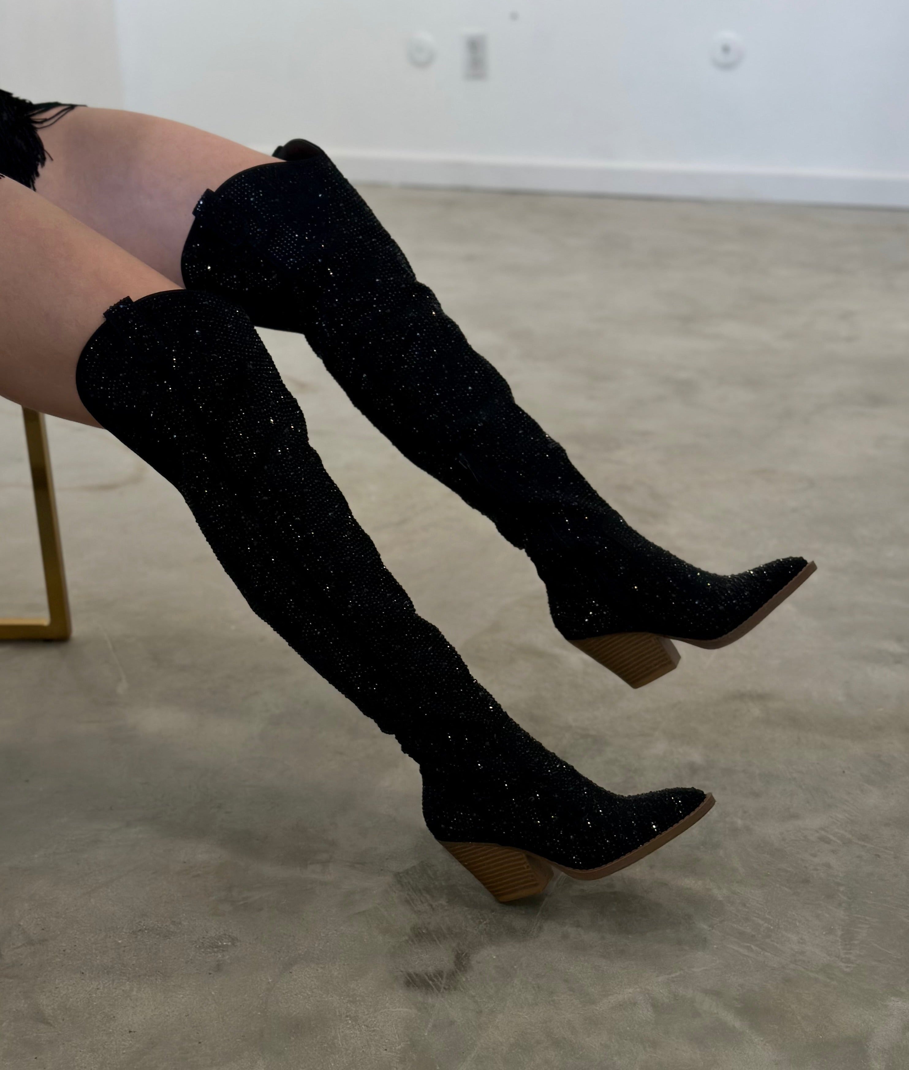 Space Cowboy Embellished Boots (Black) - Tall