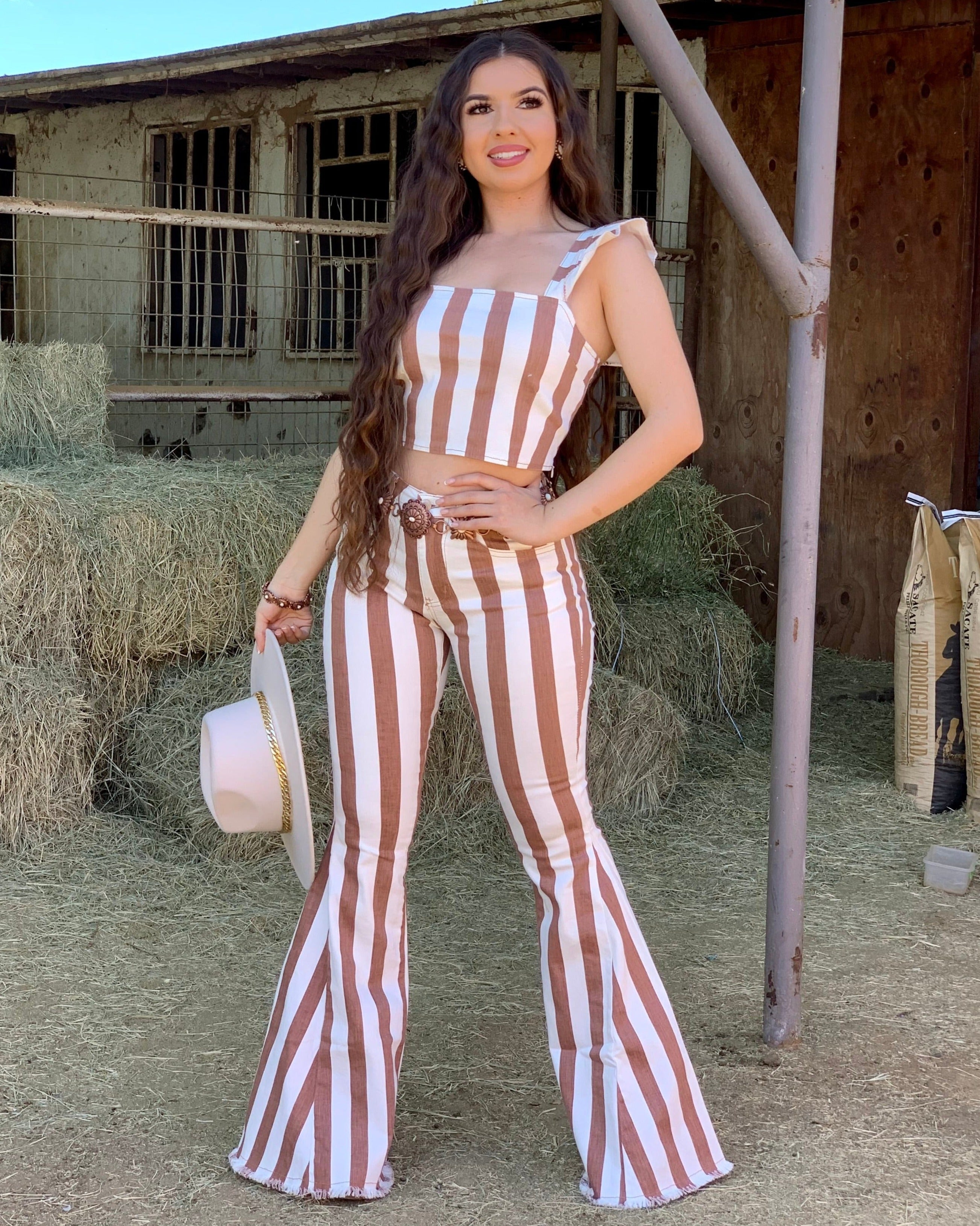 Vintage Striped Mid/High Rise Bell Bottom Jeans (Rust)