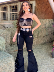 Kelsey Rhinestone Fringe Top (Black)