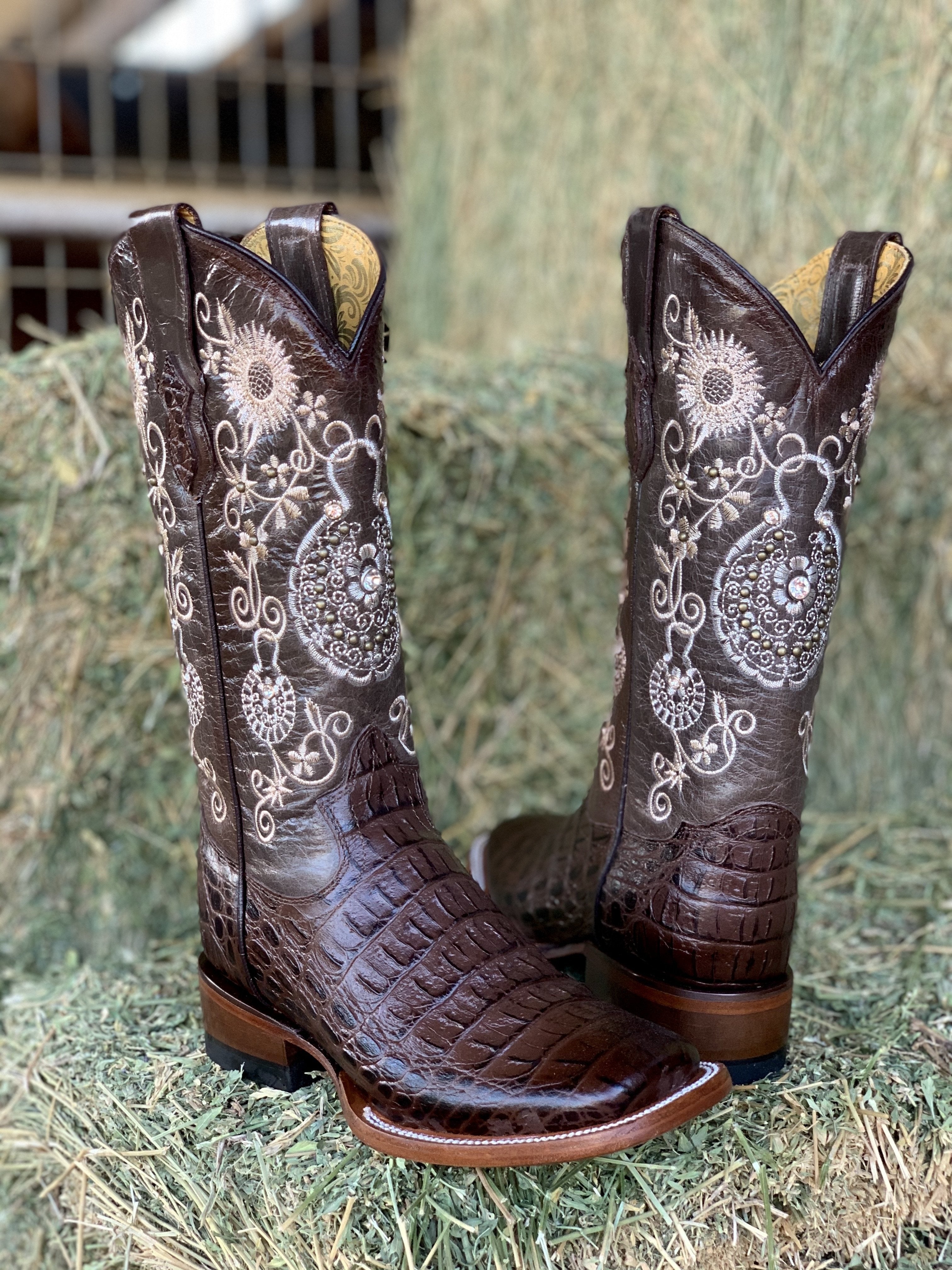 Arracada Jerezana Embroidered Western Boots (Crocodile) - Brown (With Silver Studs)