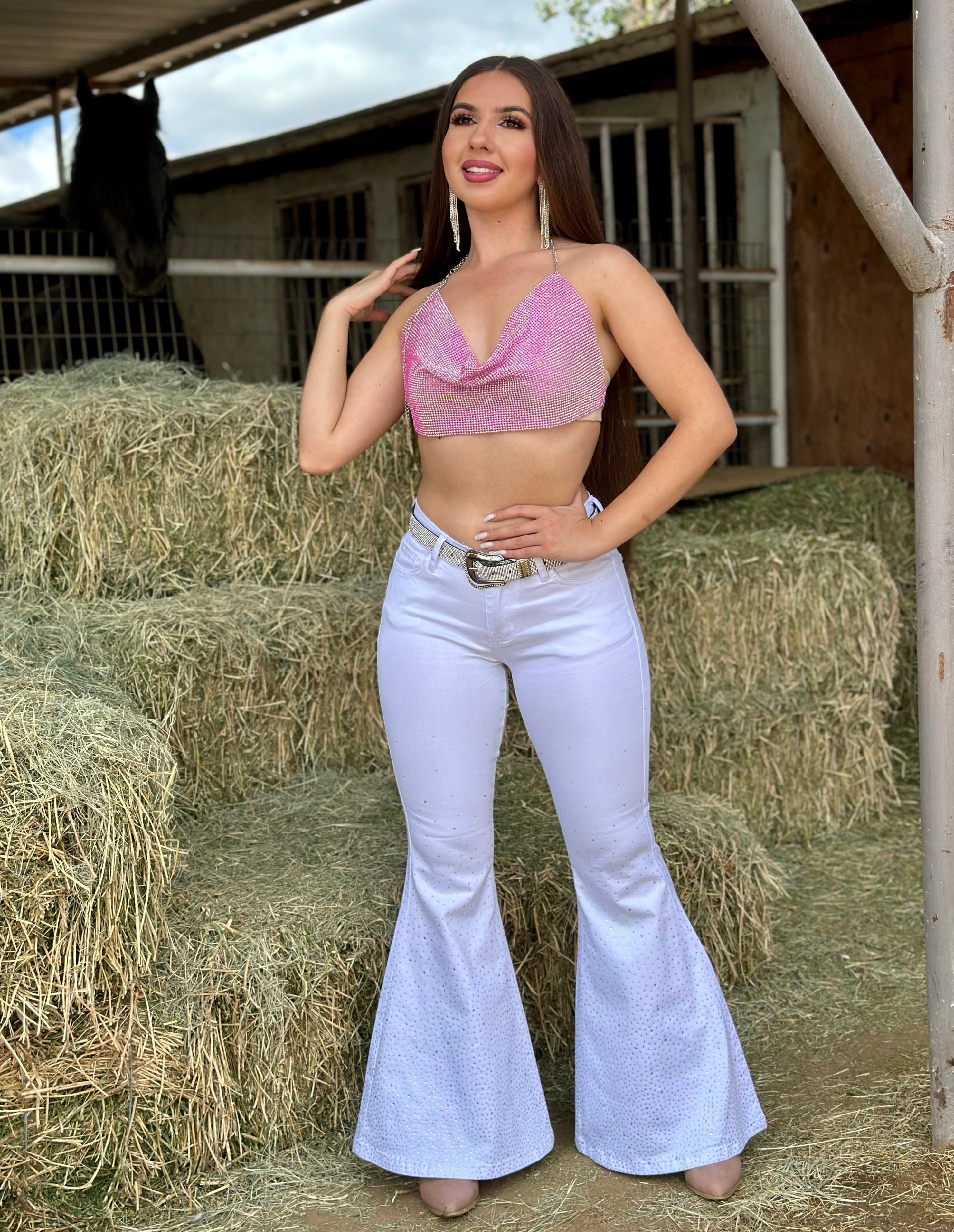 Bandida Rhinestone Low Rise Bell Bottoms Jeans (White)