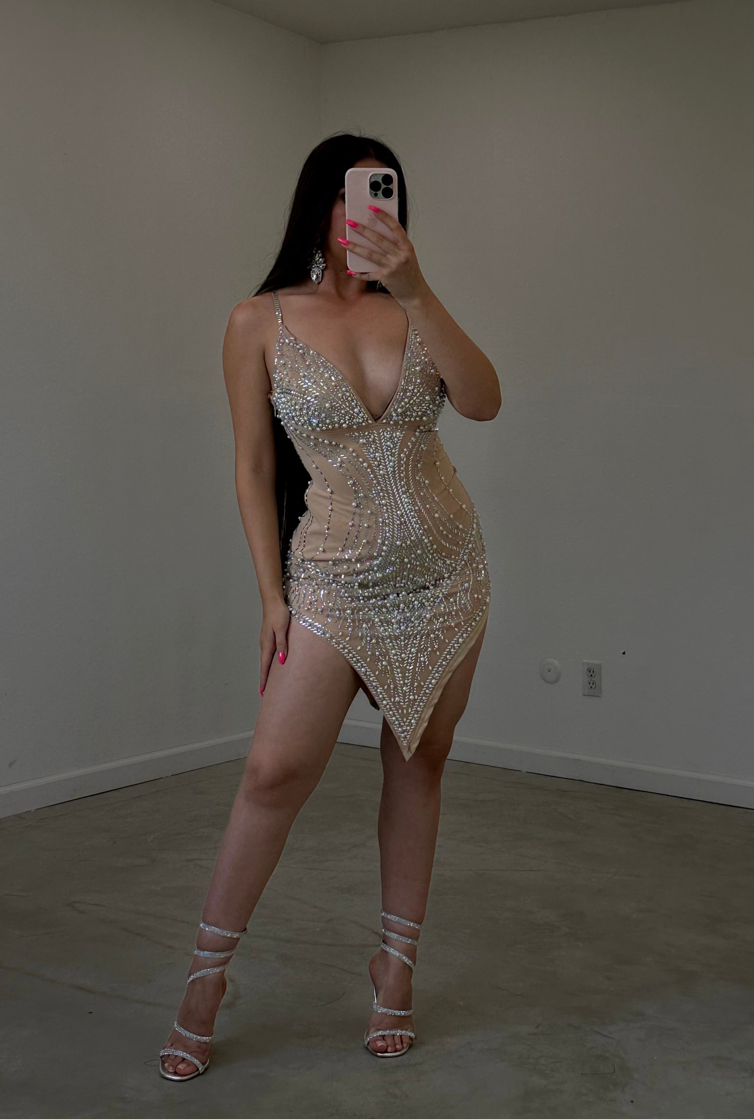 Brielle Embellished Mini Dress (Nude)