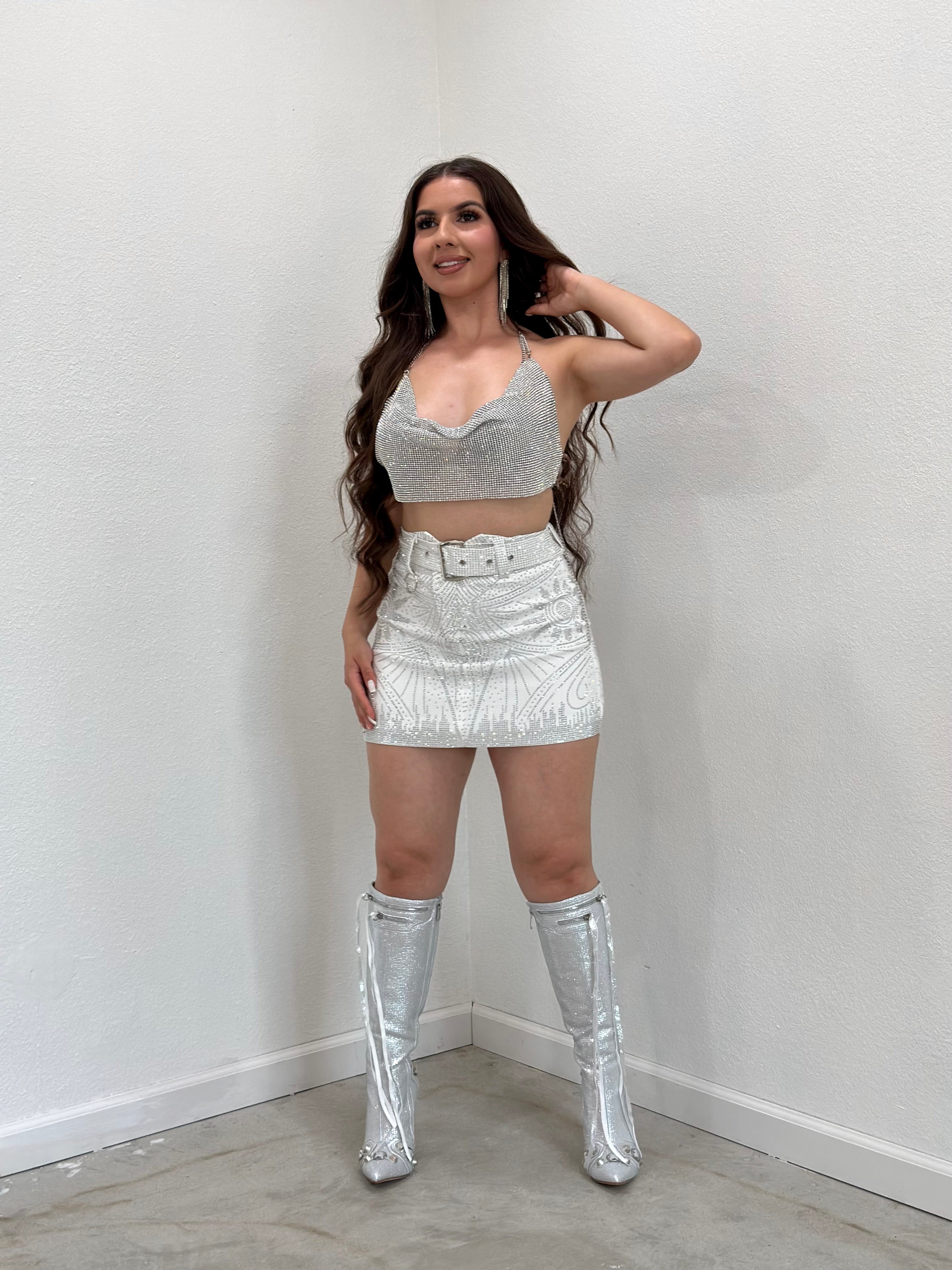 The It Girl Rhinestone Mini Skirt (White) - Rhinestone Design