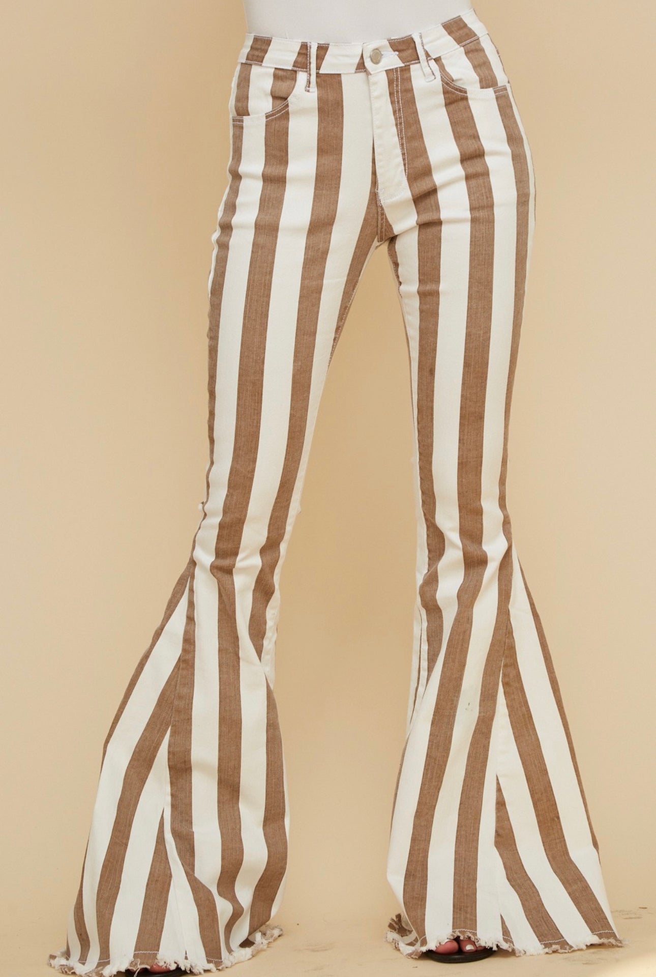 Vintage Striped Mid/High Rise Bell Bottom Jeans (Taupe)
