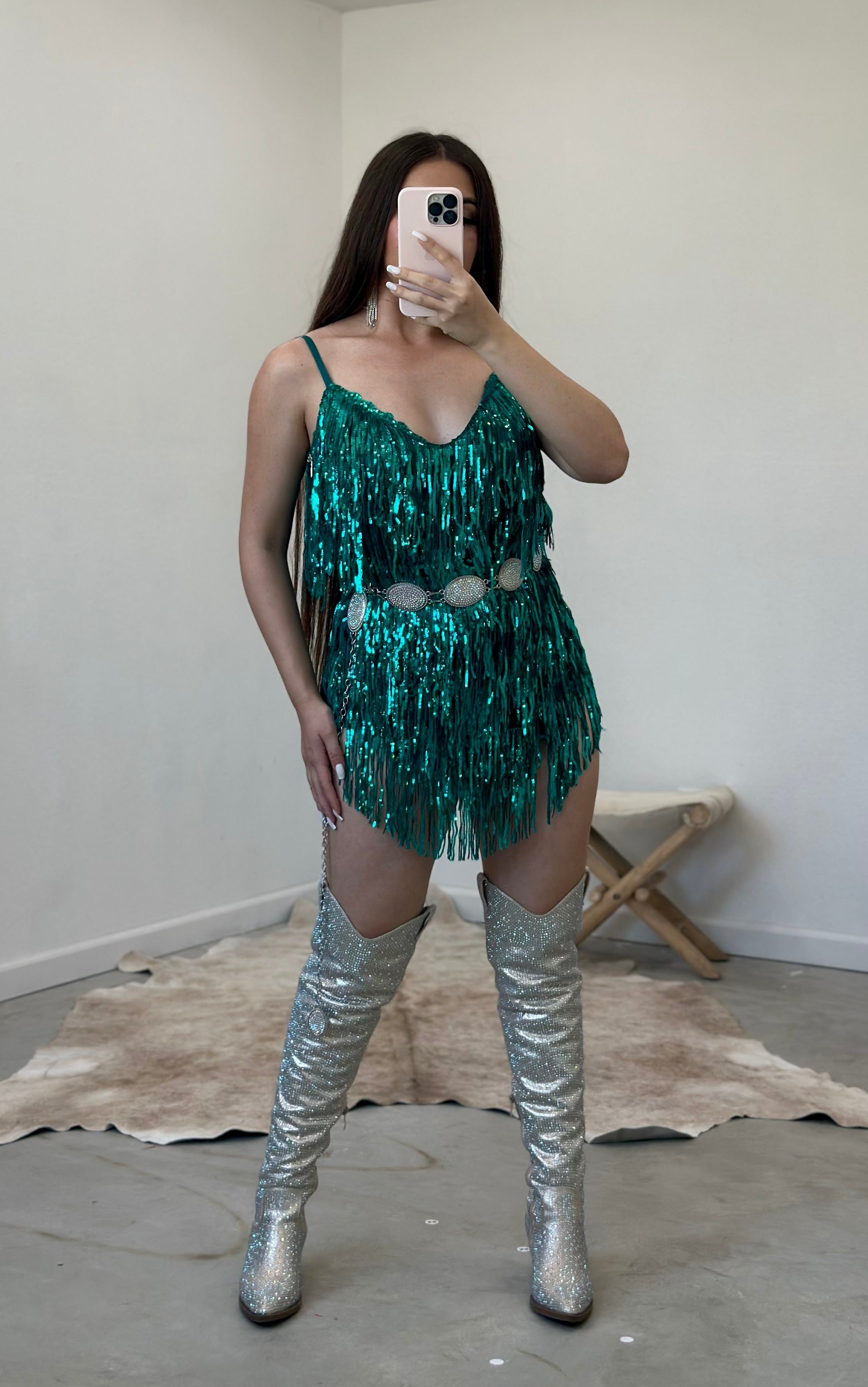 Taylor Sequin Fringe Mini Dress (Emerald)