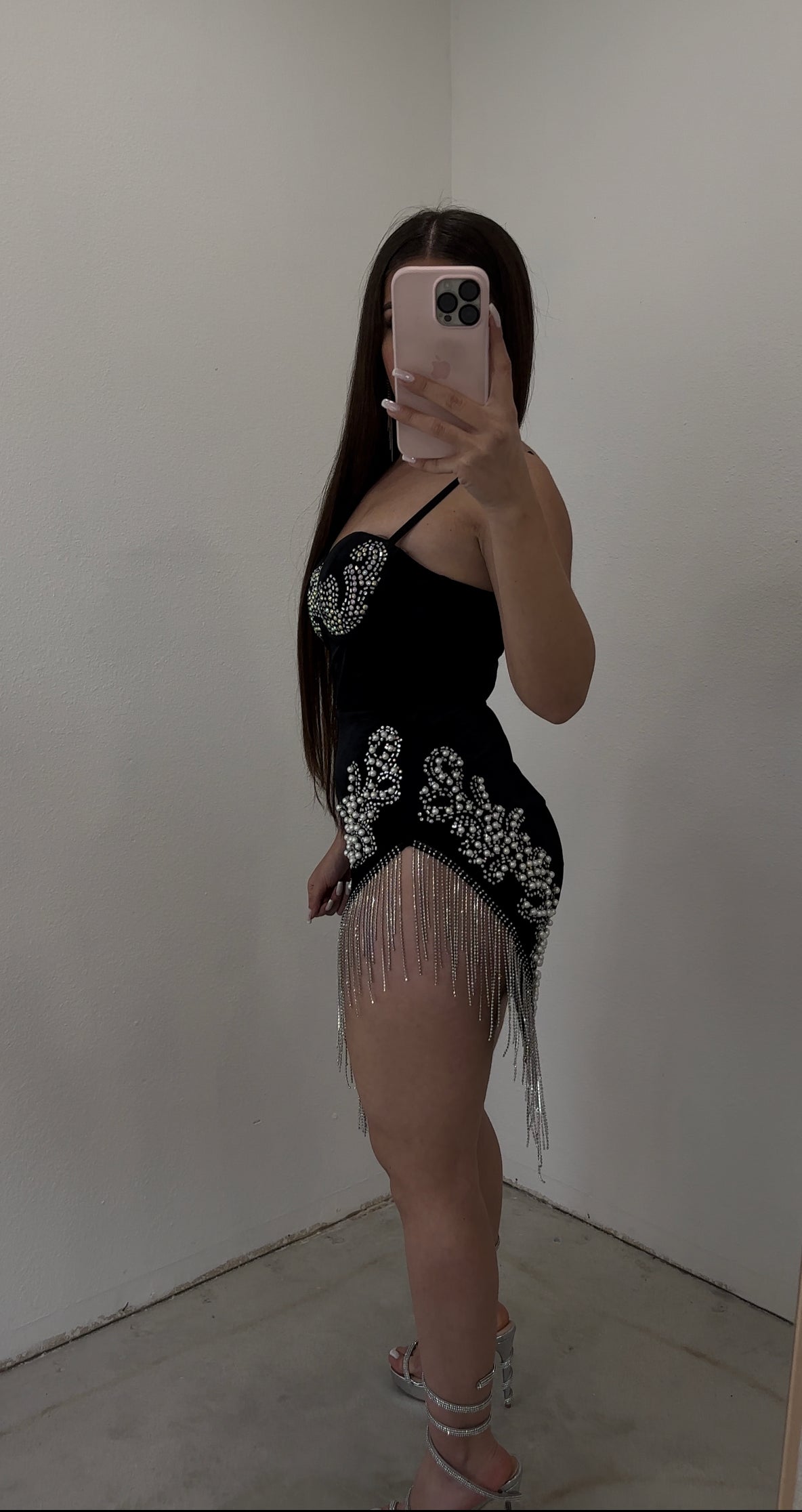 Velvet Rhinestone Fringe Mini Dress (Black)